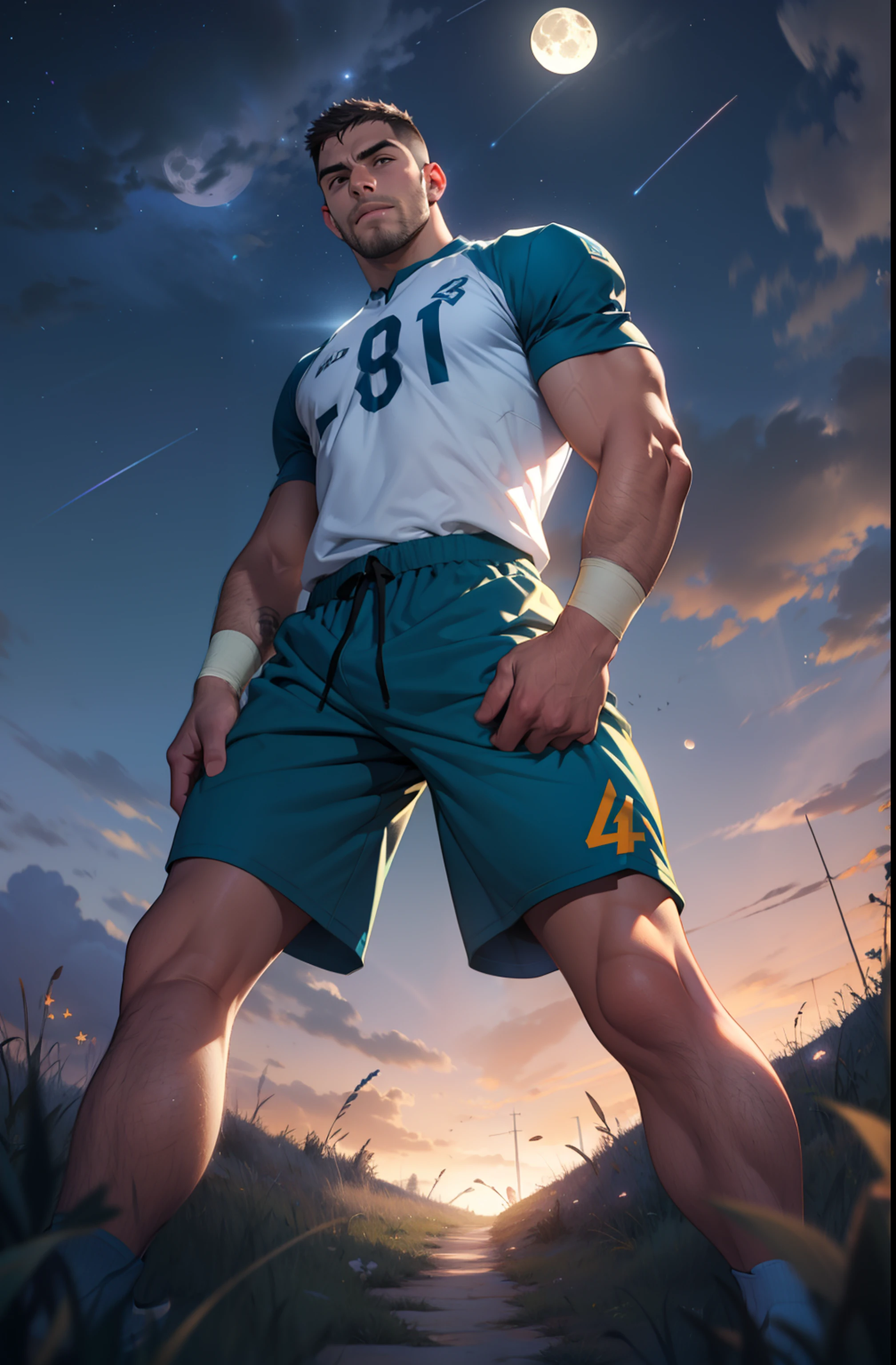 Draw a full-fledged footballer,Standing on the steppe at night,Quiet and comfortable background,Handsome face,eyes with brightness,The man looks confident and determined,looking-down,Crew cut,full bodyesbian,Stars dot the sky,shooting from below,Big moon highlights background, bare ass, muscular ass, bending over, hands on the knee, embracing the breeze