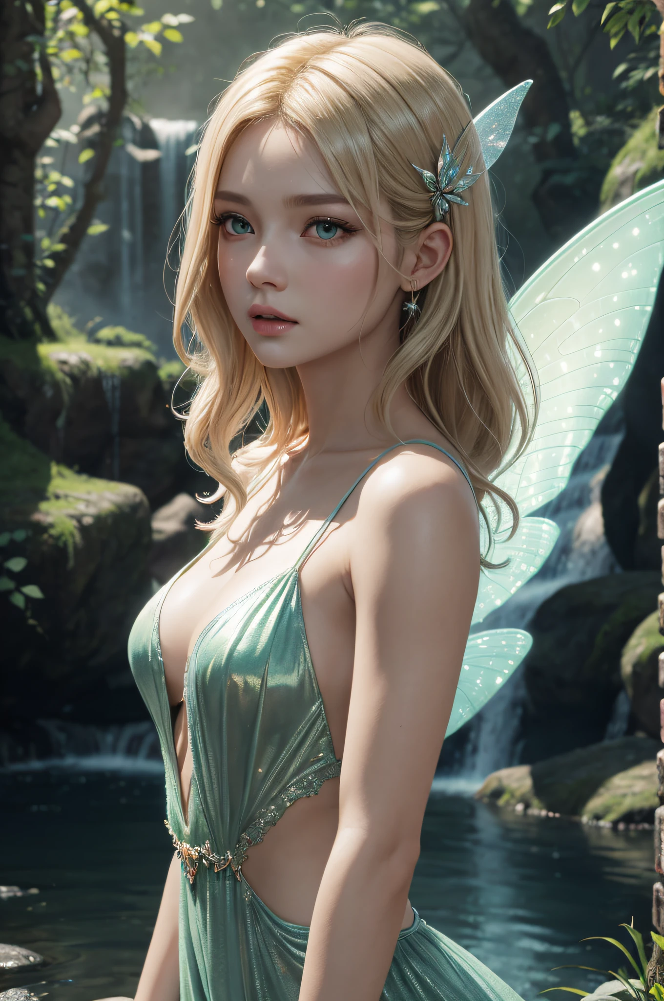 （​masterpiece）8K分辨率、top-quality、Fairy Queen Singing Song、platinum-blonde-hair、Green eyes、Hazel eyes、Delicate body、fantasy-inspired, transparent fairy wings, fairytale, Romantic, Vivid, whole body, in nature with waterfall, Masterpiece, best quality, captures a super cute moment, depth of field, ultra detailed, ultra high resolution, C4D, Octadale, 3D modeling, 8k, 16k