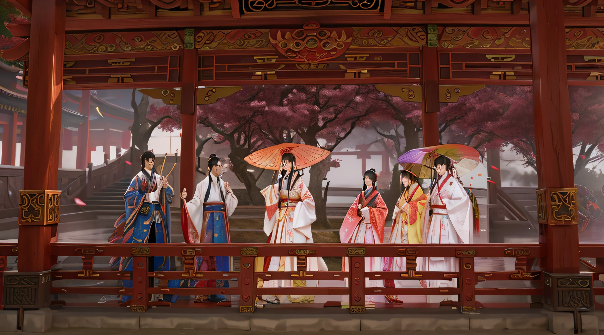 There are many people wearing traditional Chinese clothing,Holding an umbrella, full-body wuxia, xianxia fantasy, <mmorpgs scene, Guviz, trending on cgstation, guweiz masterpiece, Beautiful rendering of the Tang Dynasty, Guviz-style artwork, trending at cgstation, dreamy atmosphere and drama, 8K)), Wuxia,quadratic element,High-precision face,intricate face details