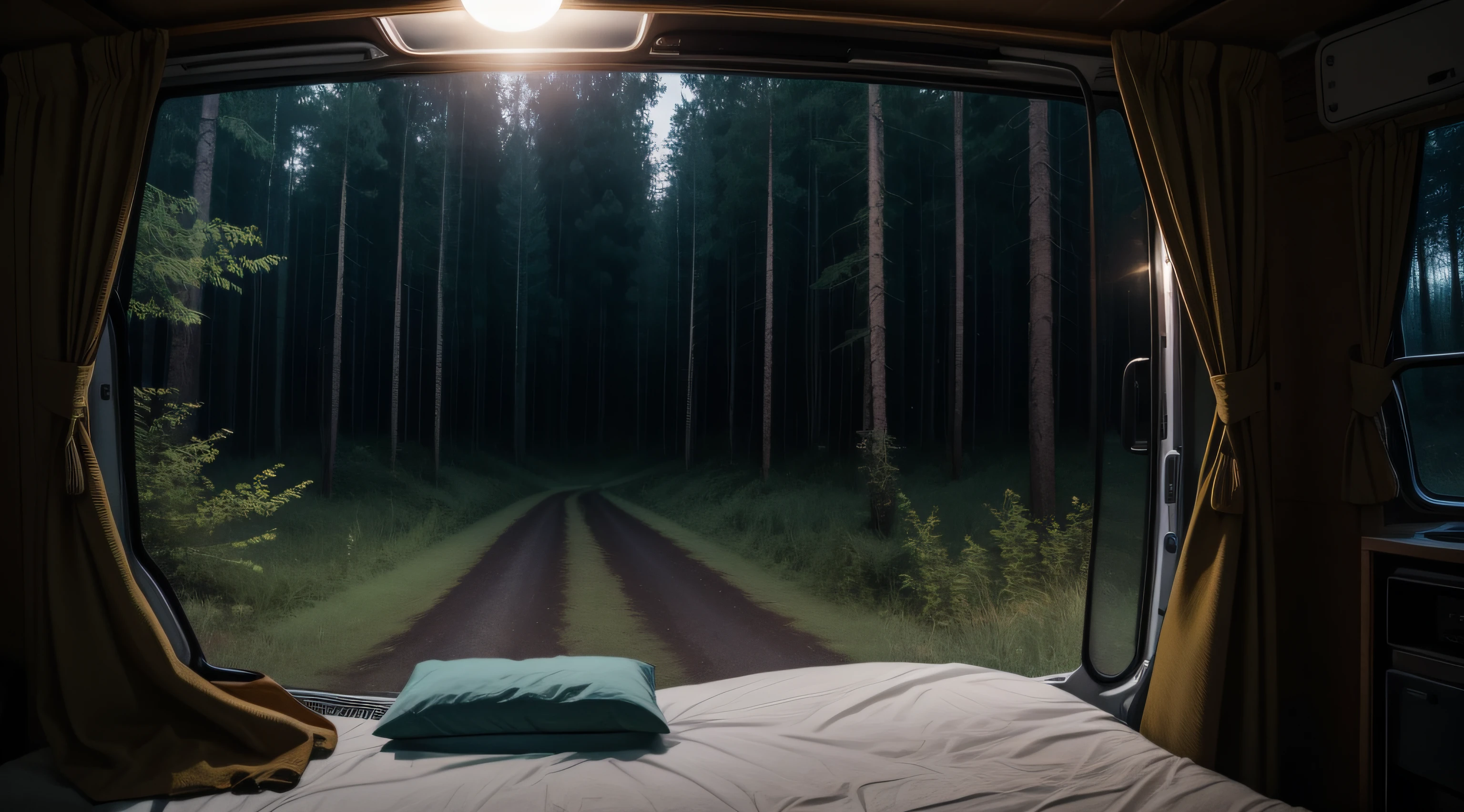 inside a campervan at night in the forest