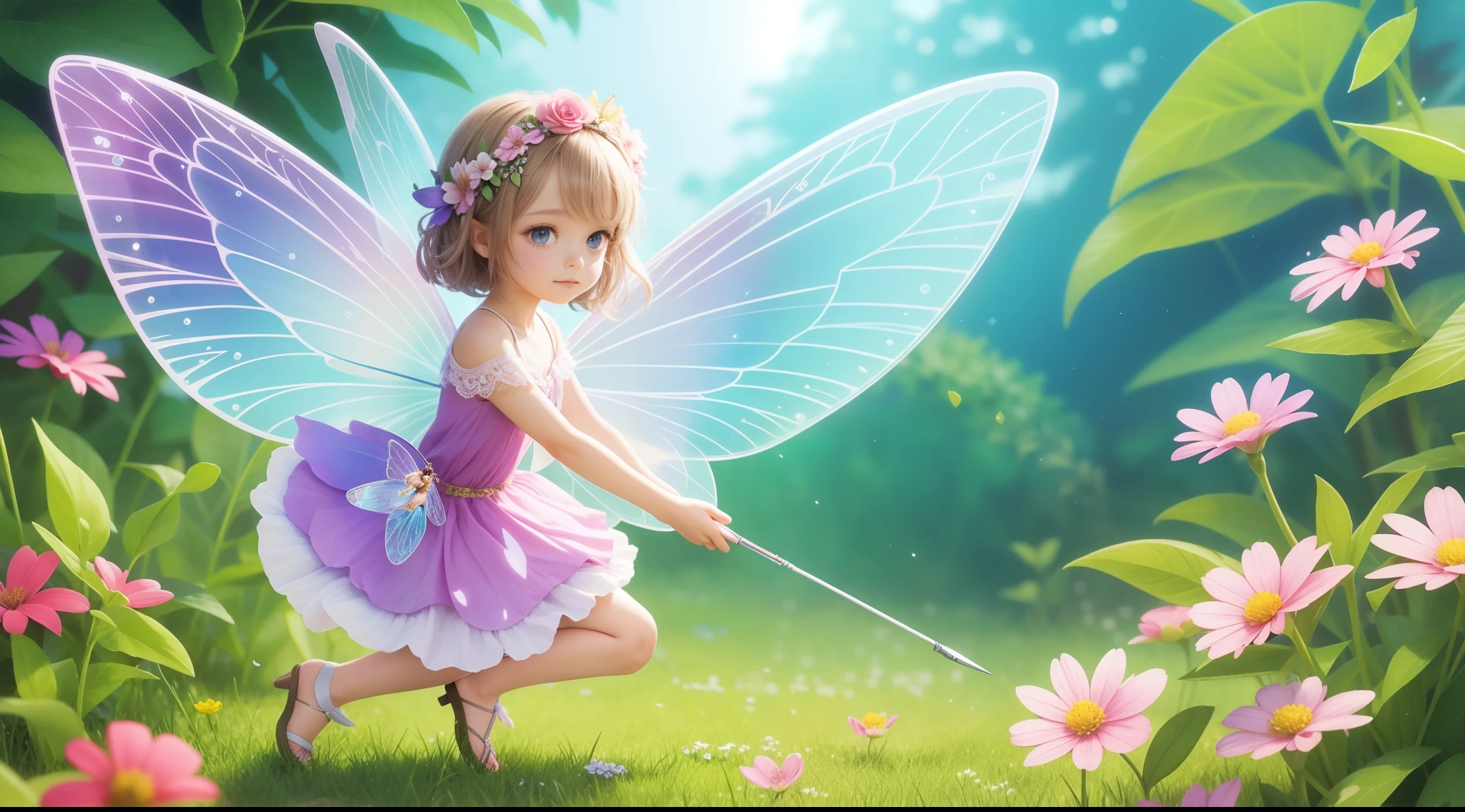 the Flower Fairy, Transparent colorful wings, Magic wand in hand,Exceptionally small flower fairy,Fly among the flowers,Microscopic perspective,A group of flower fairies,