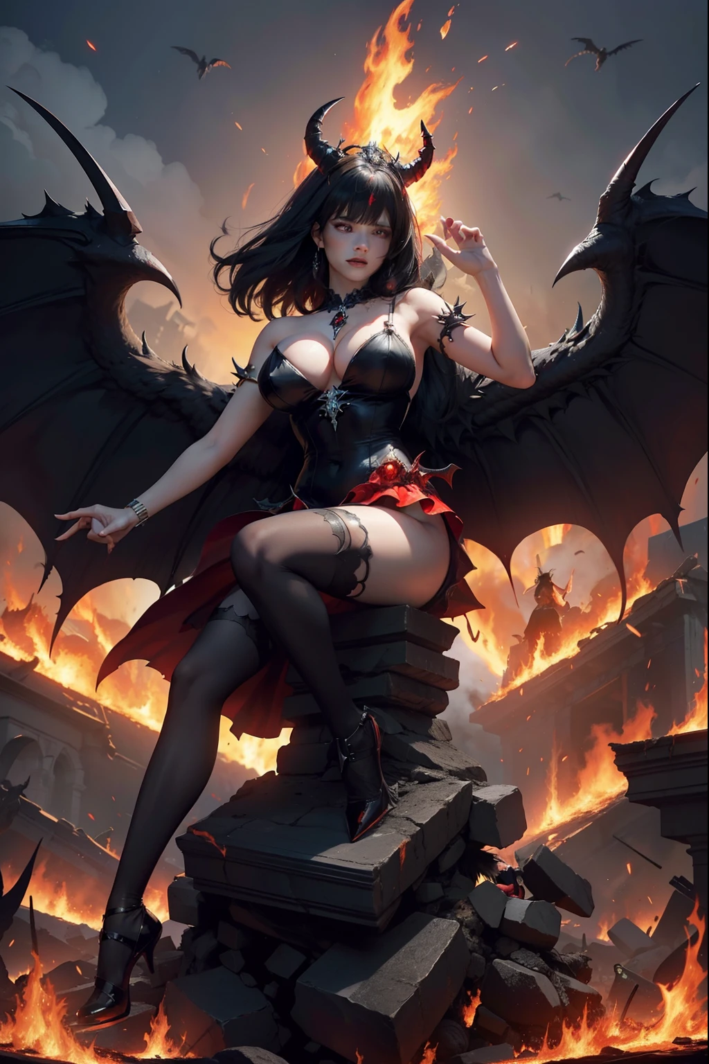 Ultra-detailed Lisa Ann stands atop a pile of burning ruins, Her diabolical and insidious presence radiating from her dark crown and black and red evil queen dress..... Her demon wings on her back and demon horn give her an invincible aura as she unleashes a powerful wave of destruction with a single gesture........