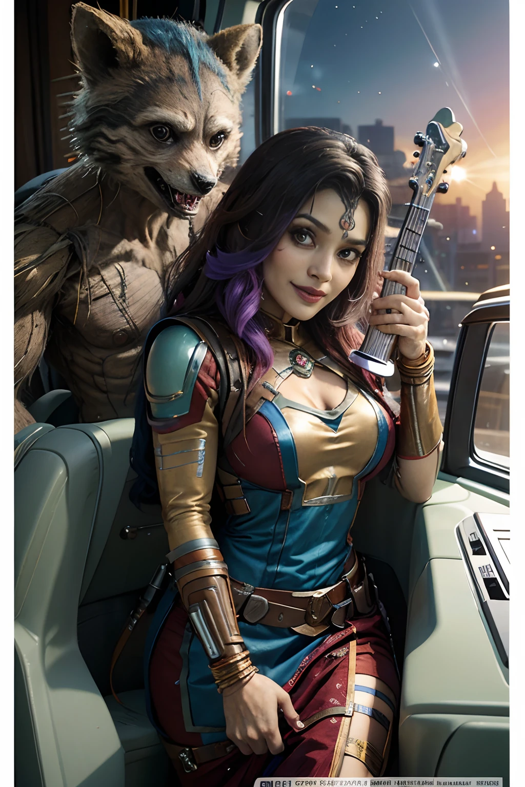Guardian of the galaxy, Rocket playing guitar on, old dodge muscle car, with gamora dance with indian costume, smiling, groot playing piano,