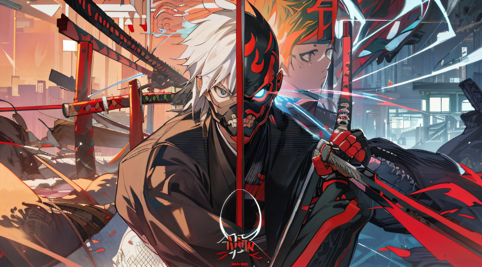 Anime manga Japanese warriors holding Japanese swords are divided in half,In the background on the left is the cyberpunk city of modern Tokyo, Japan,In the background on the right is the traditional Japanese Tokyo and Osaka,Hold a sword in front of the city, raiden metal gear, Badass anime 8 K, villain wearing a red oni mask, Portrait de Ninja Slayer, Katana Zero video game character, Best anime 4K wallpapers, cyborg ninja