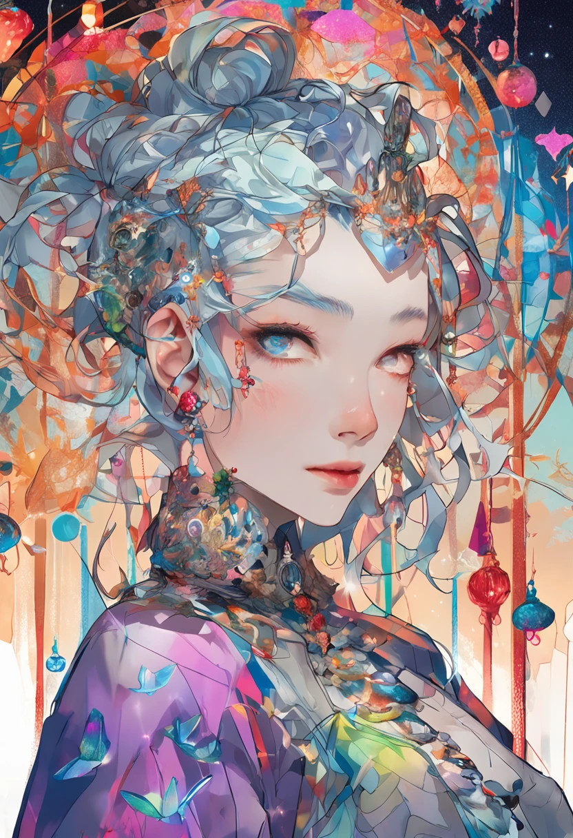 ((tmasterpiece、top-quality、water color art(Pendants)、offcial art、aestheticly pleasing:1.2))、(the golden ratio:1.2)、(ultra - detailed:1.3)、(1girl in:1.3)、(Fractal art:1.3)、((Glitter Pupil))、patterns、((Rainbow-colored hair、colorfulhair、Half light blue half blue hair:1.2))、extremely colorful、(heterochromia iridis)、(extremely colorful:1.5)、(Turquoise cheongsam())、(Hyper-detailing), ((exquisitedetails)), (intricately details), ((ciinematic light, Best quality backlight)), hight contrast, ((The best lighting, Extremely Delicately Beautiful)), ((ciinematic light))、(ray-traced reflection、brilliance)、((Red lip glaze))、((Gemstone eyeshadow))、((The ultra-detailliert))、((8K))、、Delicate beautiful face and eyes,focus onface, tmasterpiece,、(hentail realism:0.5)、Original 2 High Saturation、((Neat and clean woman))、((Ball head))、nigh sky、((night sky full of stars))、(((Shining eyes:2))),(((Crystal pupils:1.3))),(((Big eyes:1.3)))、black long socks