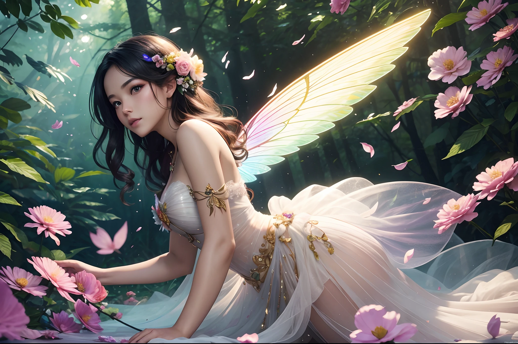 generate a fairy lady with big boobs, showing her boobs, wearing flowery outfit and with huge fairy wings, while holding a flowery wand, she is a beautifull fairy who is really charming, she is flying and give kiss sign, forest and lake background, beautifull flower, sparkling background, aurora effect, digital effect, glimmering effect, ambient effect, from side, beautifull hand, beautifull fingers, pretty hand, pretty fingers, perferct hands, perfect fingers, masterpiece, best quality:1.2),(8k,highres,RAW photo,realistic,photo-realistic:1.3),(detailed skin texture,detailed cloth texture,beautiful detailed face:1.25),professional lighting,photon mapping,beautiful soft light,radiosity,physically-based rendering,raytracing, model shoot style, model shoot style, (extremely detailed CG unity 8k wallpaper), full shot body photo of the most beautiful artwork in the world, (((NSFW))), (((nude))), (completly naked))), (((nipples))