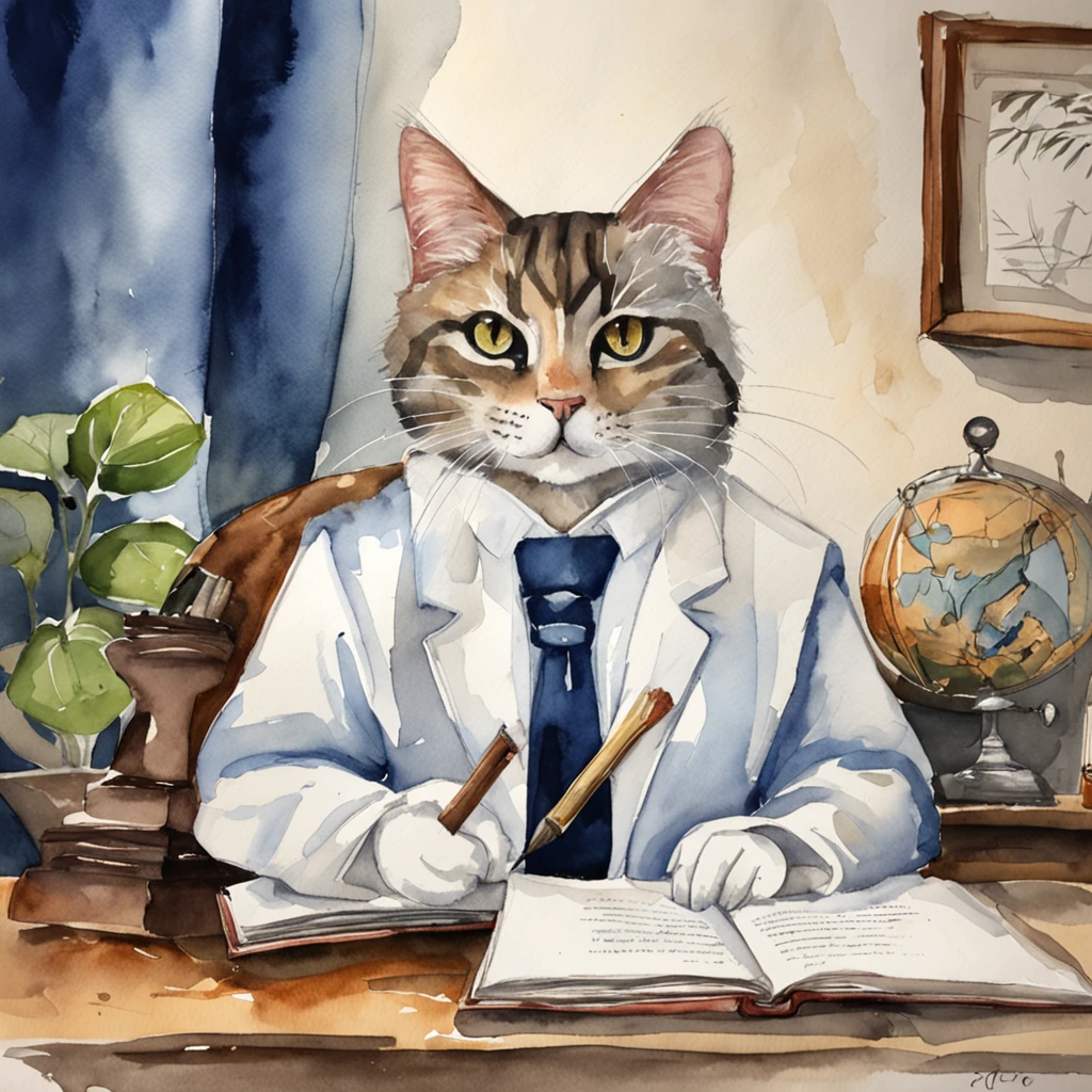 A cat in a lawyer's uniform, a hoodie, holding documents in the courtroom.