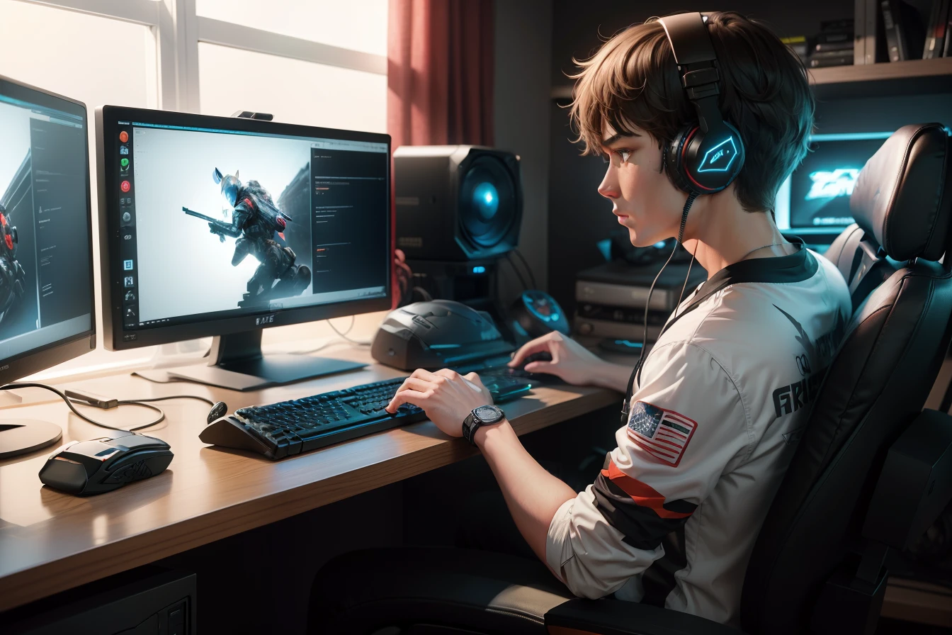 Gamer sitting in front of computer playing with keyboard and mouse playing fps game