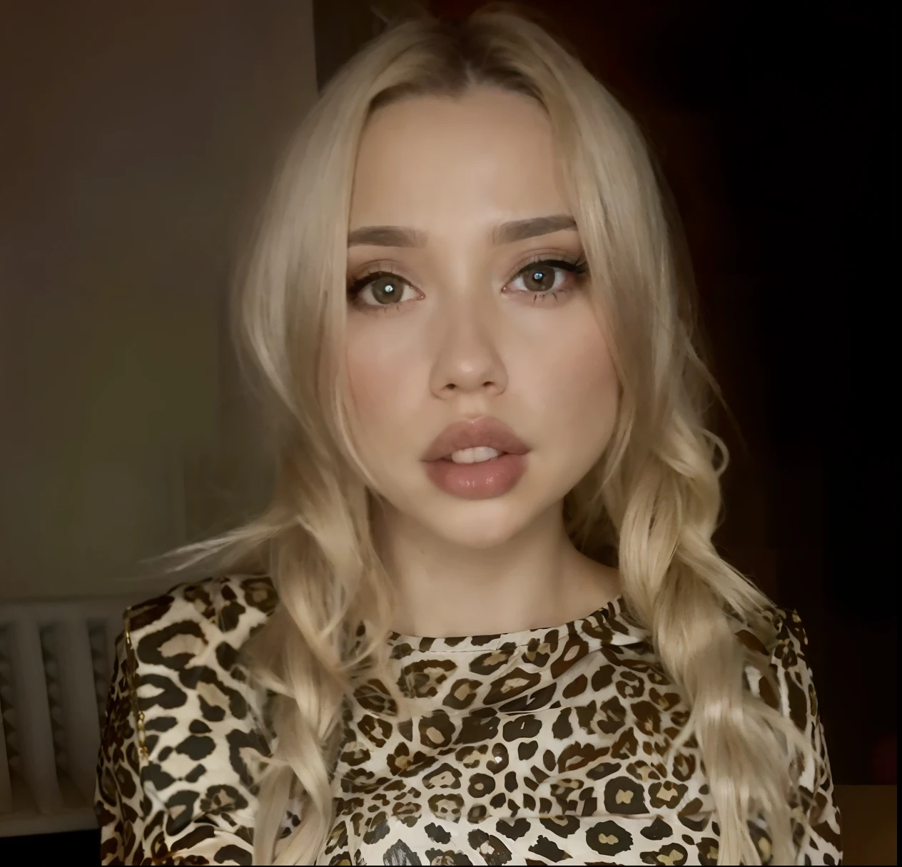 Blonde woman with long hair and leopard print top posing for photo, dasha taran, The style of Yulia Razumova, anna nikonova aka newmilky, s face, similar to Esther Exposito, yelena belova, blonde hair and large eyes, anastasia ovchinnikova, moleksandra shchaslyva, profile pic