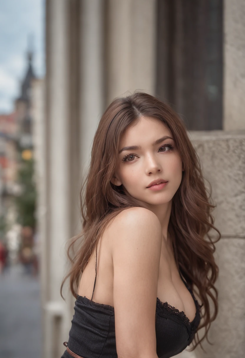 (sharp focus: 1.2), photo (full body) (europe streets), attractive 24-year-old, (beautiful face: 1.1), detailed light brown eyes, gorgeous lips, gracious face, (eye makeup: 0.85), (big breasts: 1.0), (big ass: 1.0) (firm body: 1.2), (long hair: 1.2), wearing (black miniskirt) plaid miniskirt, (provocative bustier), (moderate lighting: 1.2), depth of field, bokeh, 4K, HDR. Gorgeous, cover photo. ((skin with small spots and wrinkles), award-winning photography, (moody lighting: 1.2), depth of field, bokeh, 4K, HDR