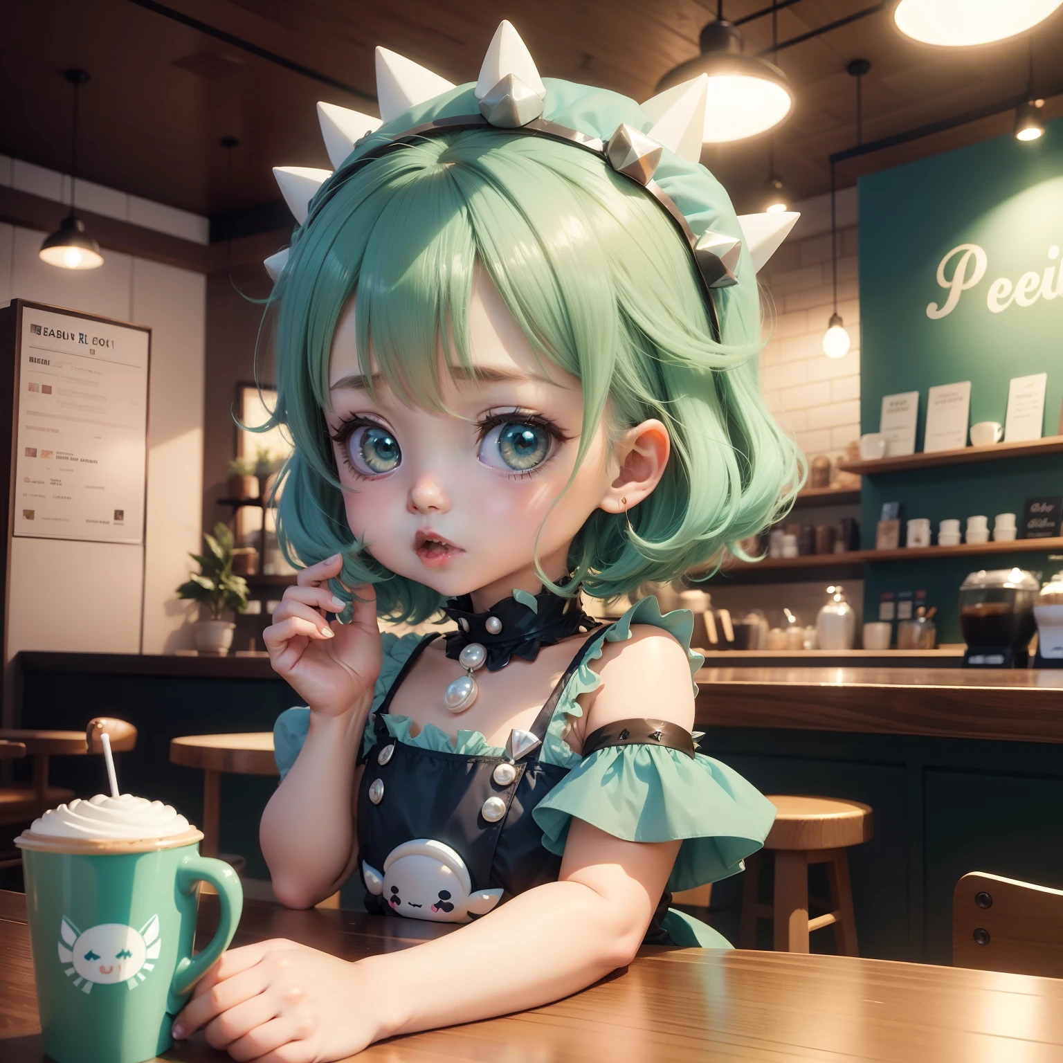 Cute Baby Chibi Anime,Pearl Blue Idol Dress,Deep green spiky hair,Inside a cute coffee shop