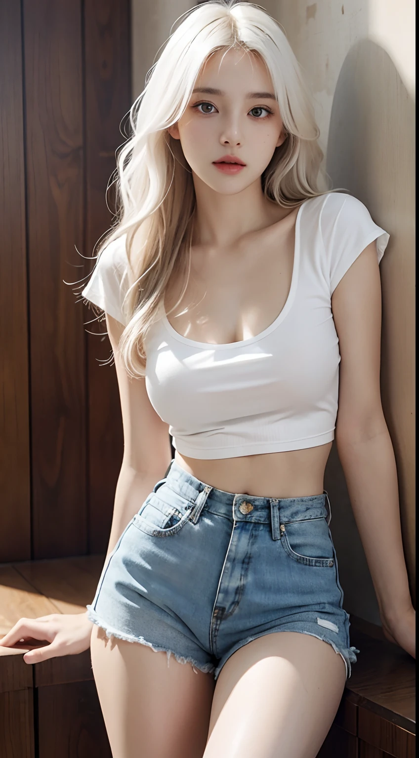 photorealistic, high resolution, 1 girl, white wavy hair, korean, heterochromia eyes, small mole below eye, loose white shirt, tight jean shorts, large breast, large thighs, panty visible