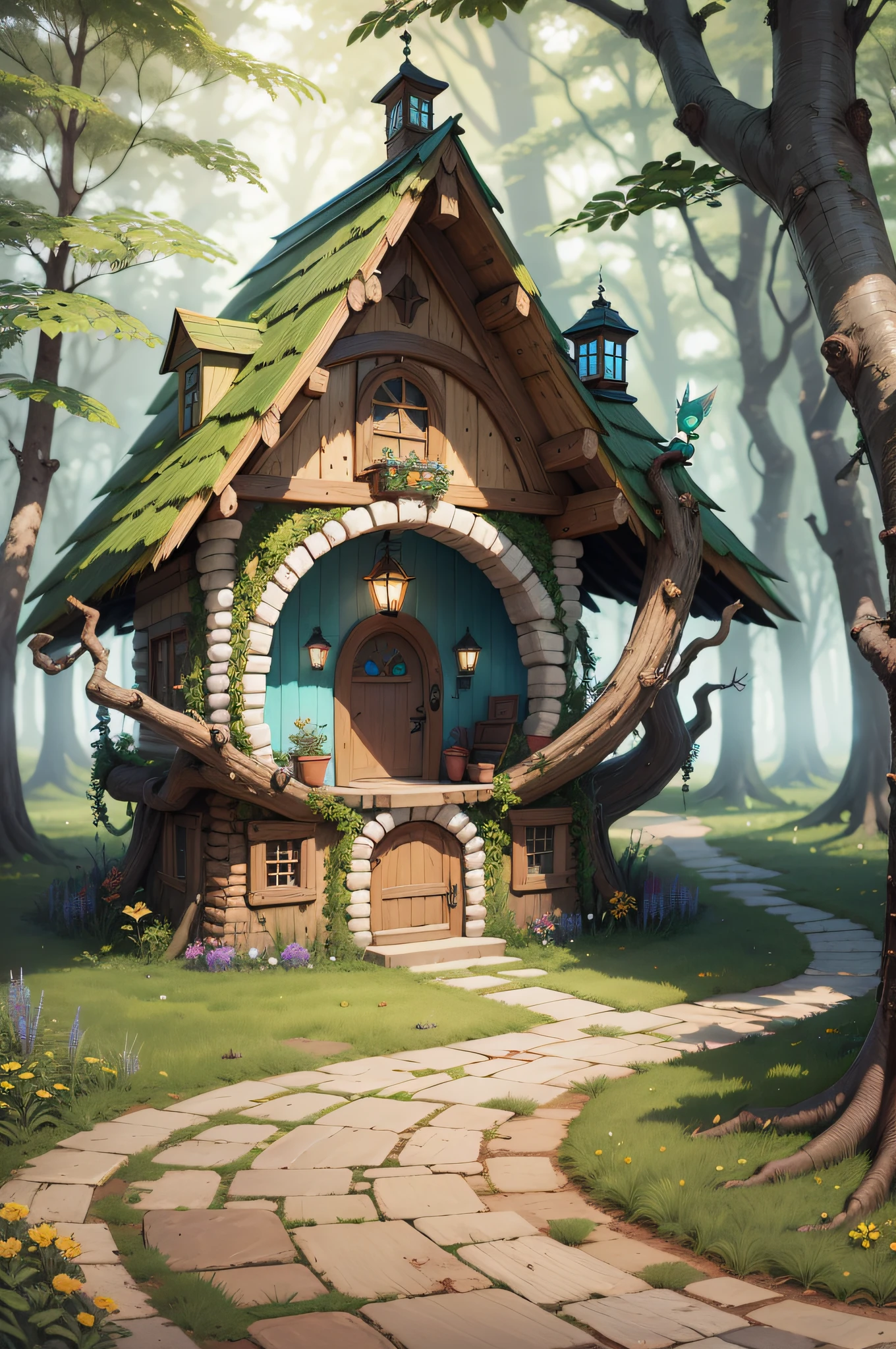 An enchanted forest (tinkerbell style) {Disney}, with cheerful colors. 4k, with details, digital art image. A goblin house, made of pinecone, chestnuts and walnuts. Turquoise blue. --auto --s2