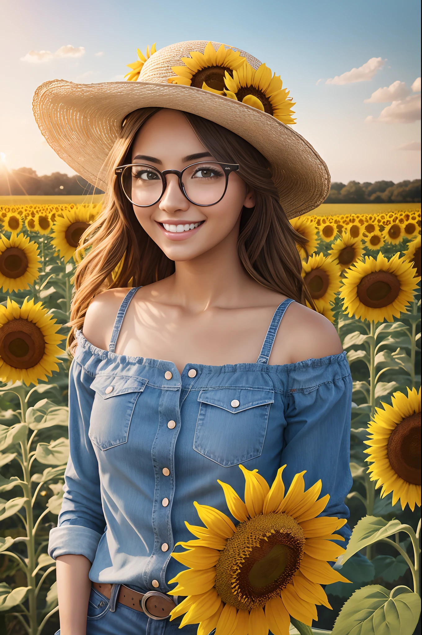 Woman standing in a field of sunflower flowers, floating hair, eyewear on head, color contact lenses, grin, Sony FE GM, cowboy shot, UHD, textured skin, high quality, 4K, masterpiece, super detail --auto
