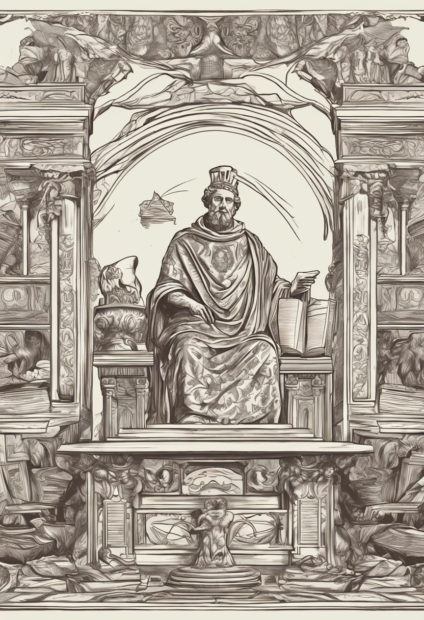 Open the animation of the old book, Revealing illustration by Marcus Aurelius, roman emperor. He sat at his desk, Write yours "A meditative" The expression is thoughtful.