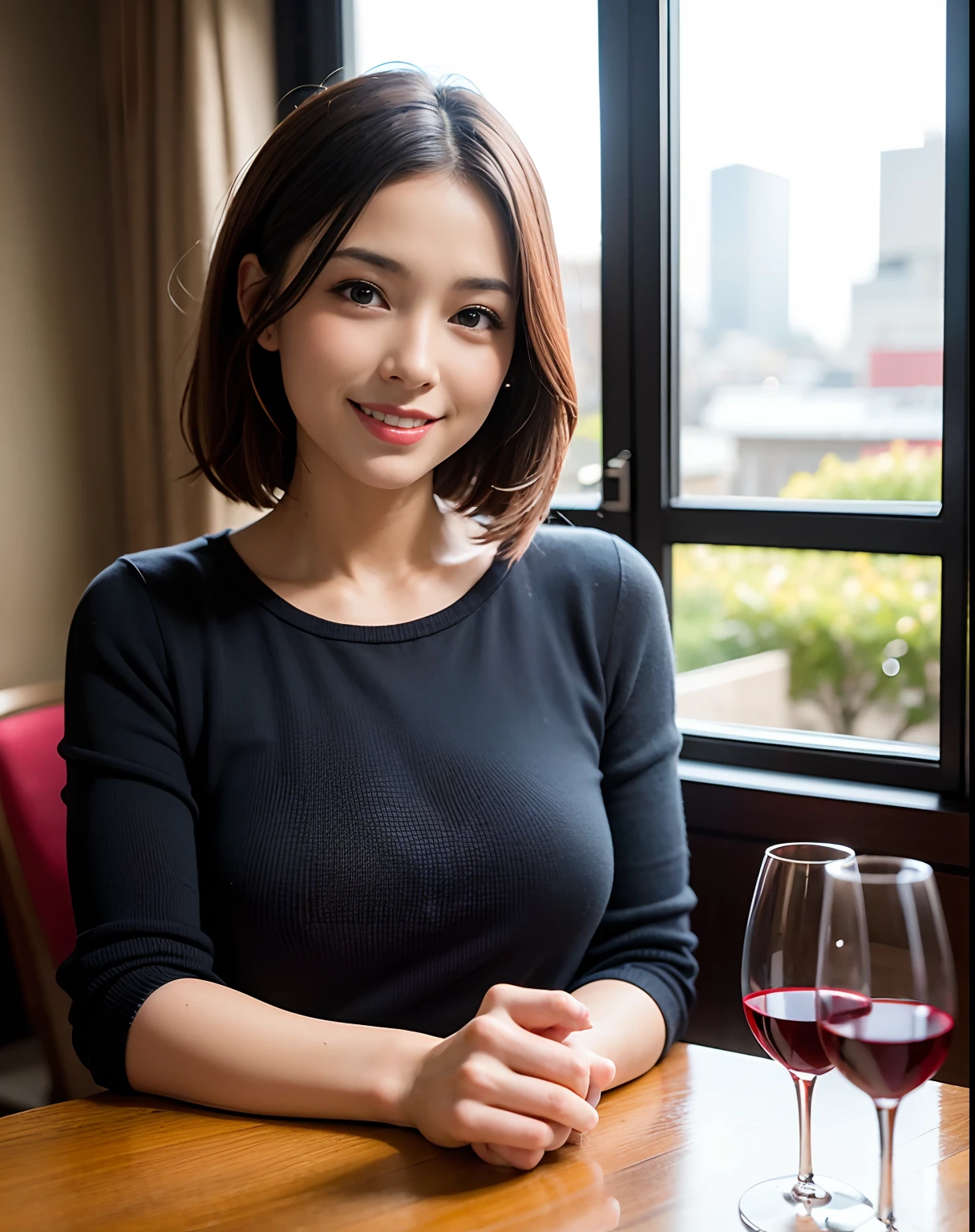 (64K, UHD, top quality, masterpiece: 1.2), (realistic, photorealistic: 1.37), super detailed, pretty woman 1 person, (slim face), (slim body), (brown hair), (short cut), cheeks slightly blushing, (44 years old), 38 years old, solo, beautiful detailed urban night view outside the window, restaurant, wine glasses sit, at night, in a prominent placeNovaFrogStyle, Actress, Model, Waist Up, White Wine, Slim, Wine Glass, Super Clean Night View, Wine Glass Put in the Middle, Happy Smile, (Smile: 1.15), Beautiful Fine Eyes, Upper Body, Bust Japan Up, Night, Short, Short, Actress, Model, Waist Up, White Wine, Slim, Wine Glass, Super Clean Night View, Wine Glass Put in the Middle, Happy Smile,