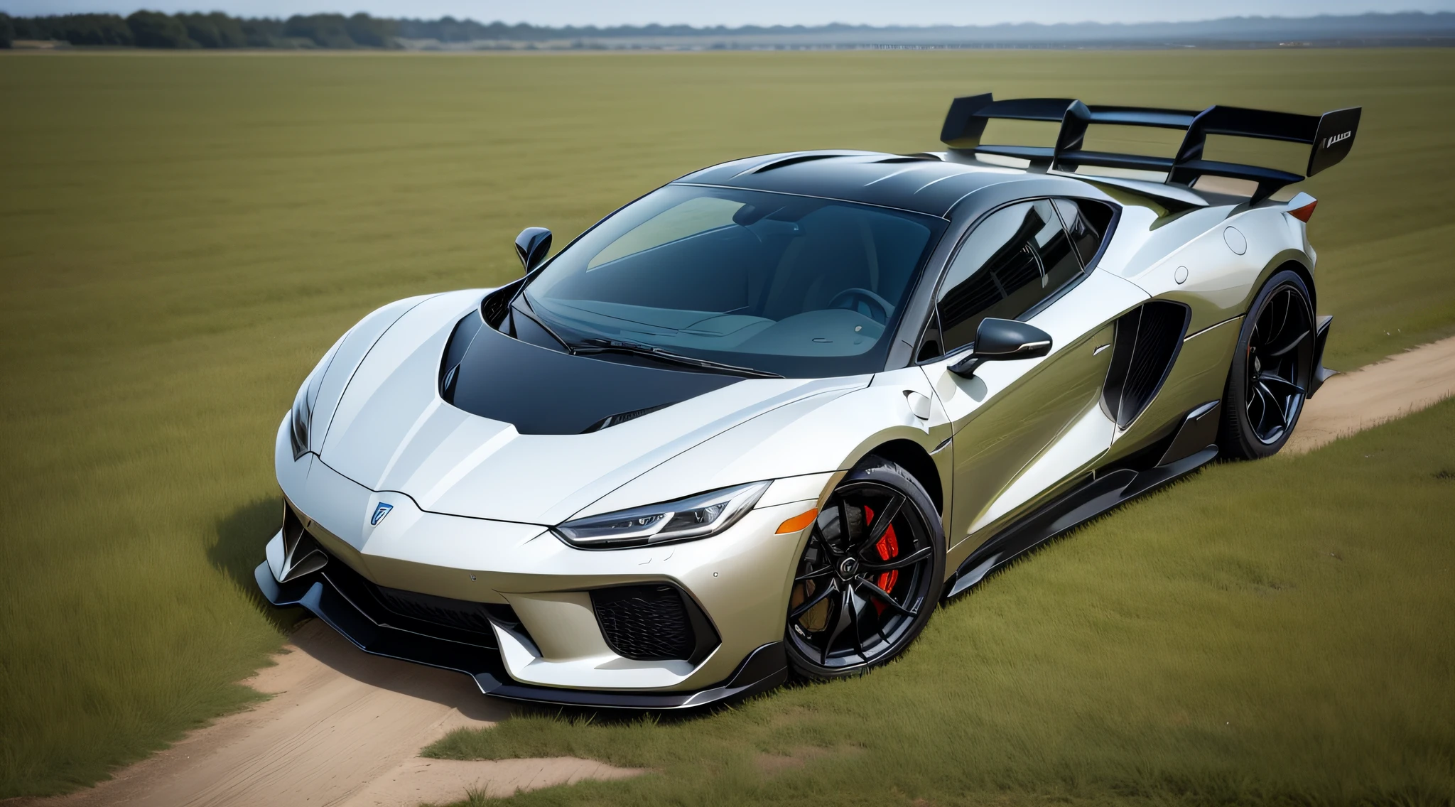 A handsome supercar is parked on the endless grassland