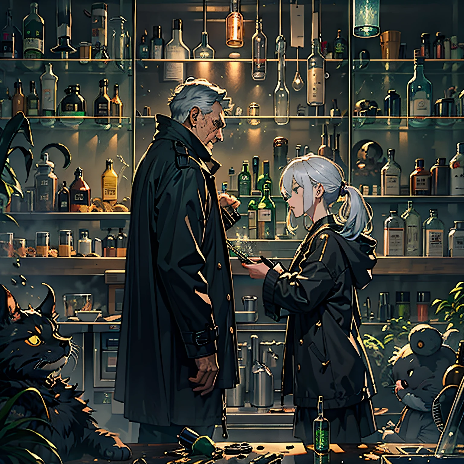 The demon hunter is a young girl with black hair punytail,Wears a large black trench coat with a black pattern. Looking at the gray-haired old man in front of him, he took out a row of ten test tubes,Neatly placed on the counter。The pale golden liquid rippled with layers of dazzling light under the glass test tube。Dark theme, optic, fanciful。
