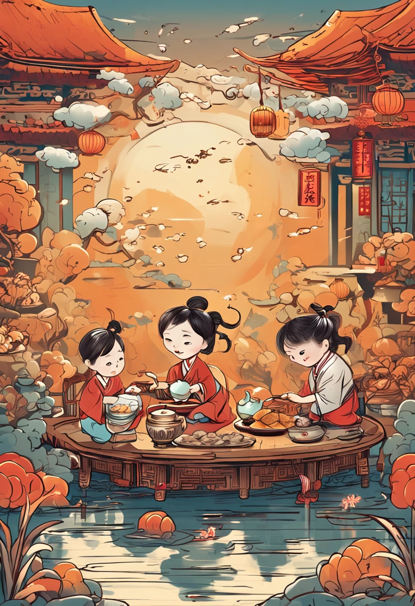 tmasterpiece,k hd,a poster,The theme is the Mid-Autumn Festival,A family eating mooncakes together、Chinese tea set,Moon,Family reunion,beginning of autumn,drippy,rays of sunshine,starrysky,
