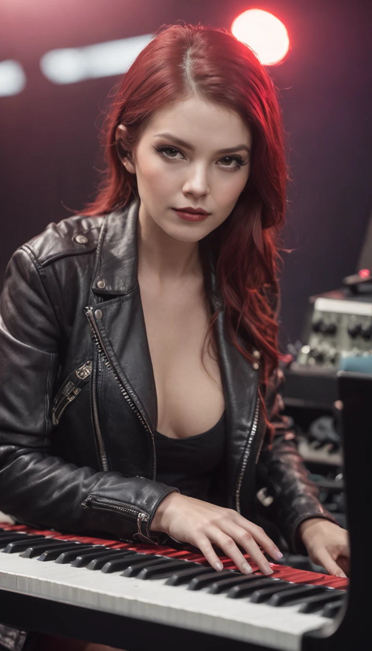 (Outstanding、Professional)、female punk rocker playing keyboards in a crowded arena live concert
