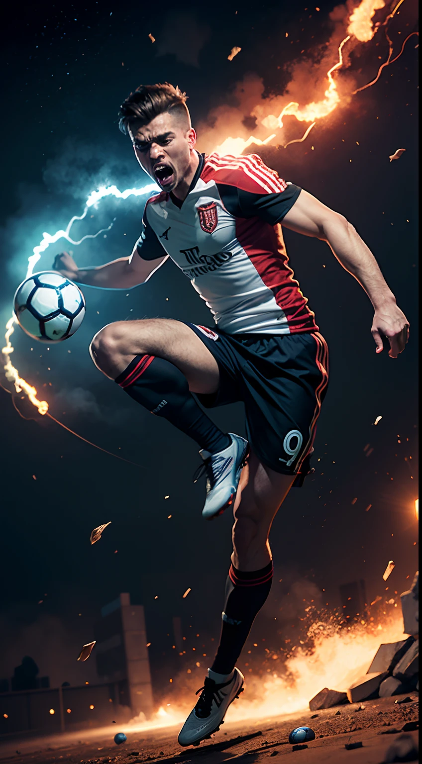 create a man footballer kick the ball illustration, full body jump, anger is the feeling that make your mouth work faster than your mind, detailed, realistic, explosion, dynamic colors, cinematic lighting, Alfon Muncha, cell shading, space,