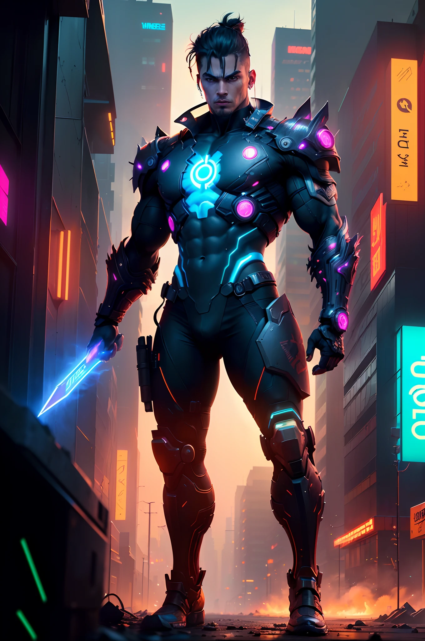 The Warrior's Resolve. Generate an image featuring a cyberpunk-inspired, strong male warrior standing tall in a neon-lit cityscape. He embodies honor and integrity, ready to fight for truth. The image should capture his determination while fitting a 9:16 aspect ratio