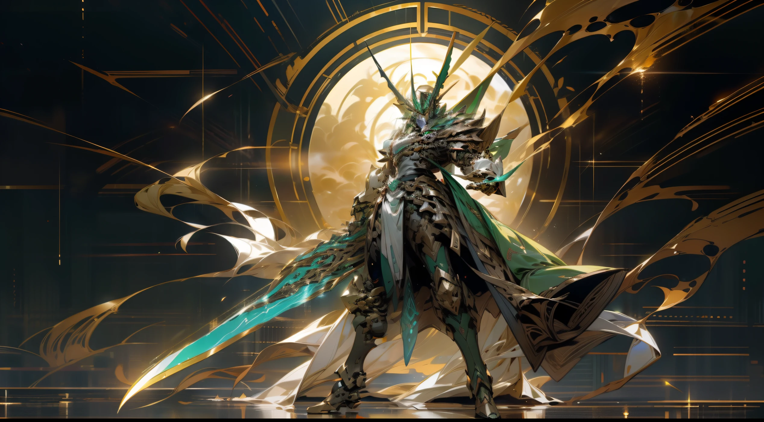 8K UHD, Digital SLR, Photorealistic, hyper realisitc, Cinematic lightning, high detal, High quality ,Robot full body photography,Green and gold mechs,The Green Dragon Moon Knife in his hand,( Romance of the Three Kingdoms, Guan yu,) LEDs illuminate the eyes and chest., Keqing from Genshin Impact, (Masterpiece) , The best quality, High quality,Gold armor,电影灯光, (Exquisite future), Beautiful and beautiful, Ultra detailed, great composition, Floating, Depth of field, (Very detailed CG,Unity 8k壁纸), (Beautiful detail background), dramatic lights, GOGETTA, Mecha,best qualtiy,超高分辨率,Vivid Wait for it to begin