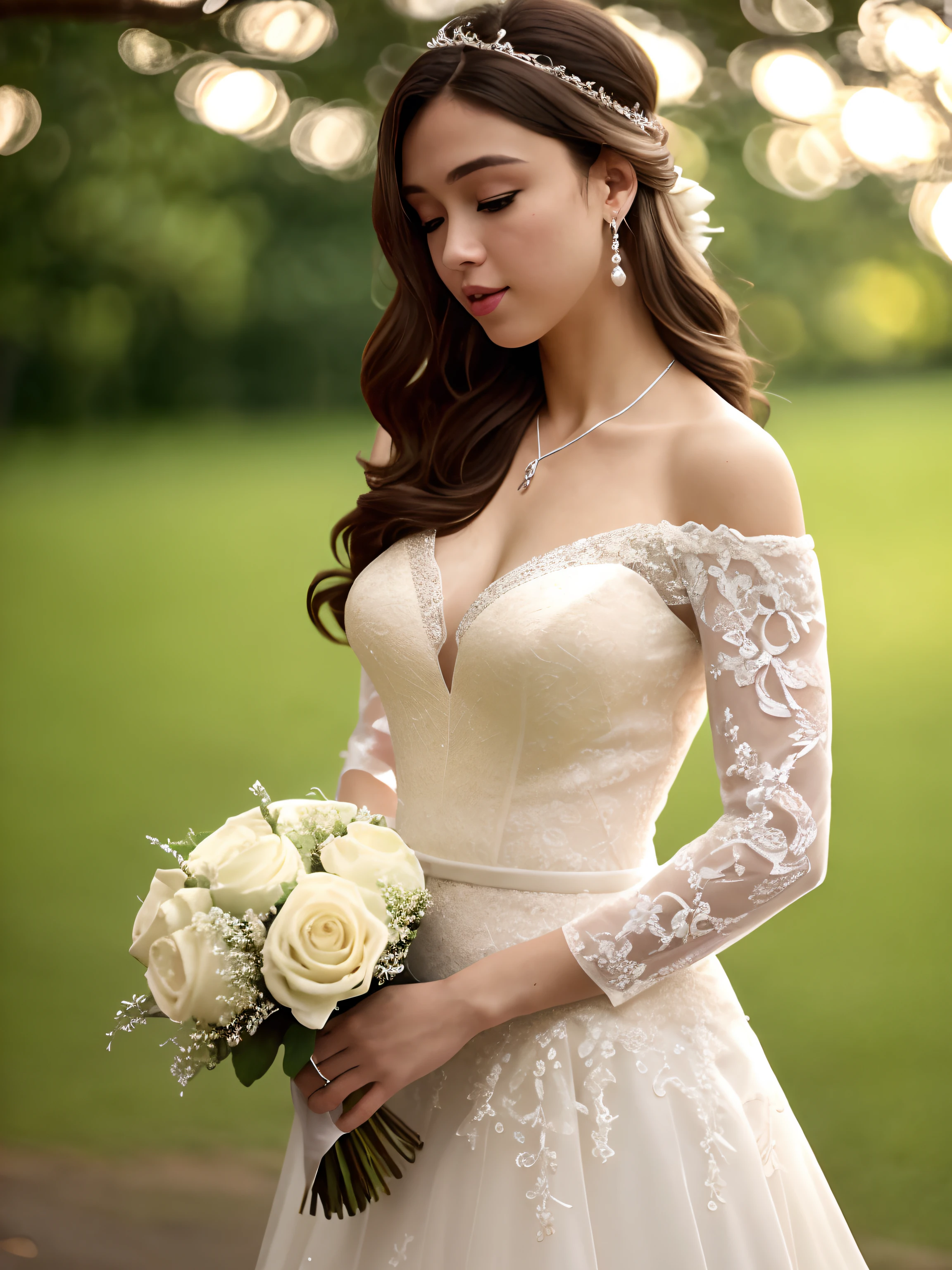 500R,((an beautiful woman standing)),soft waves hairstyles,sheath silhouette ivory lace wedding dress,the dress feature intricate details,delicate lace overlays,hand-embroidered beadwork,a sweetheart neckline, off-the-shoulder sleeves,pearl earrings and a pendant necklace,church background,masterpiece,best quality,super detailed,high resolution,very detailed,8k uhd, (fidelity, fidelity: 1.5) , realistic, (natural light), (bokeh: 1.5), (depth of field), bokeh background, amazing, fine detail, best, high quality, RAW photo, pureerosface_v1,