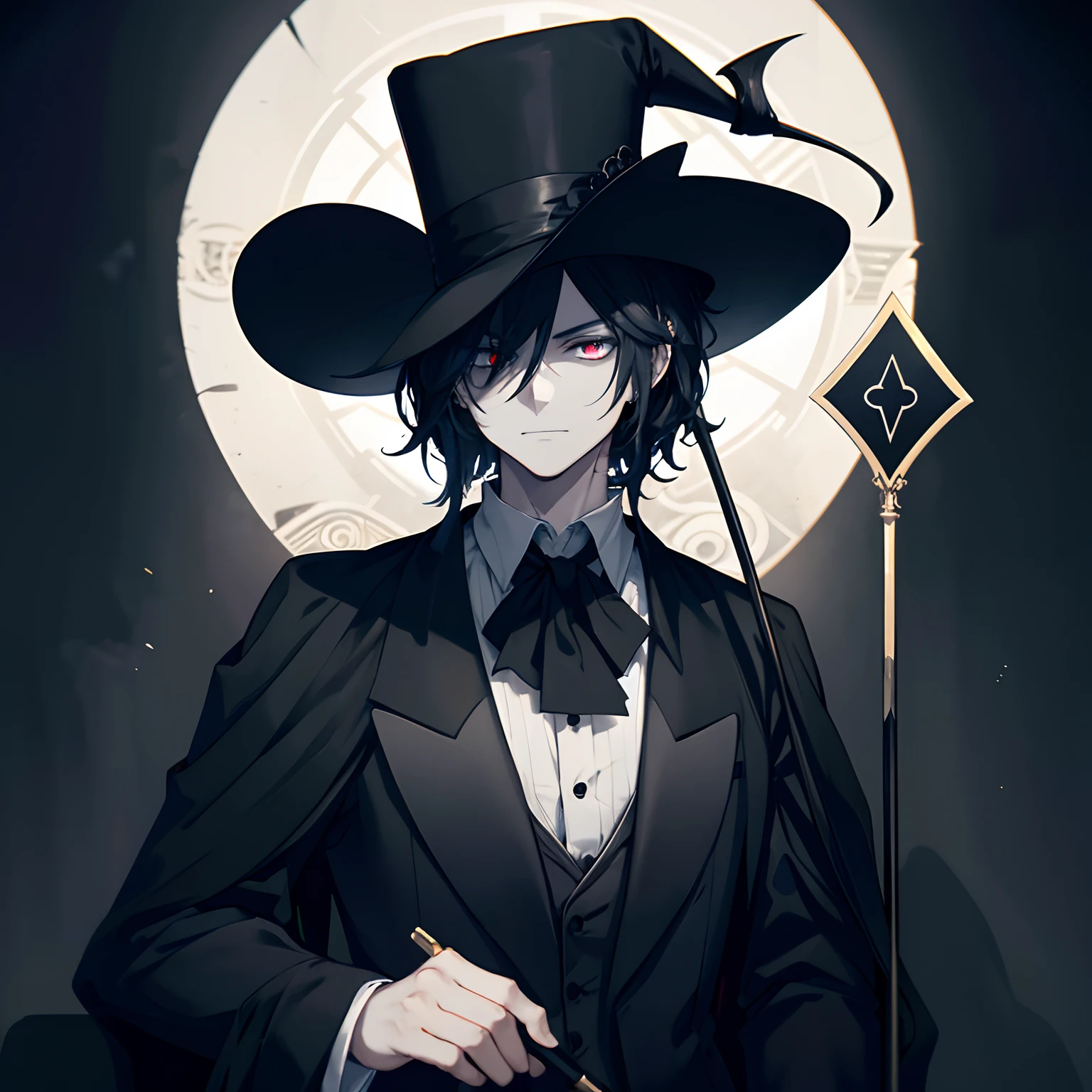 Imagine a man in a black dress, wearing a white clown mask, leaning on a cane, wearing a black trimmed top hat (Tarot Fool), creating a eerie atmosphere, a dark environment, sharp eyes, masterpiece, best quality, novel illustration, mystery, backlight, depth of field, 8K smoothness, Unreal Engine 5, complex design