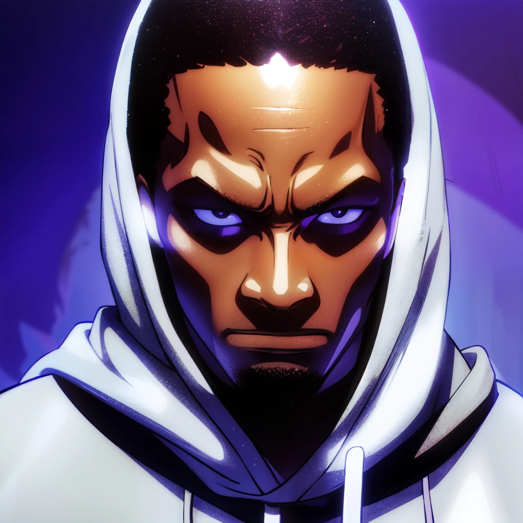 there is an African man in a hoodie looking up at the camera, low quality footage, low quality video, very very low quality picture, selfie, profile picture, looking defiantly at the camera, looking away from camera, showing forehead, hood and shadows covering face, 80's anime style