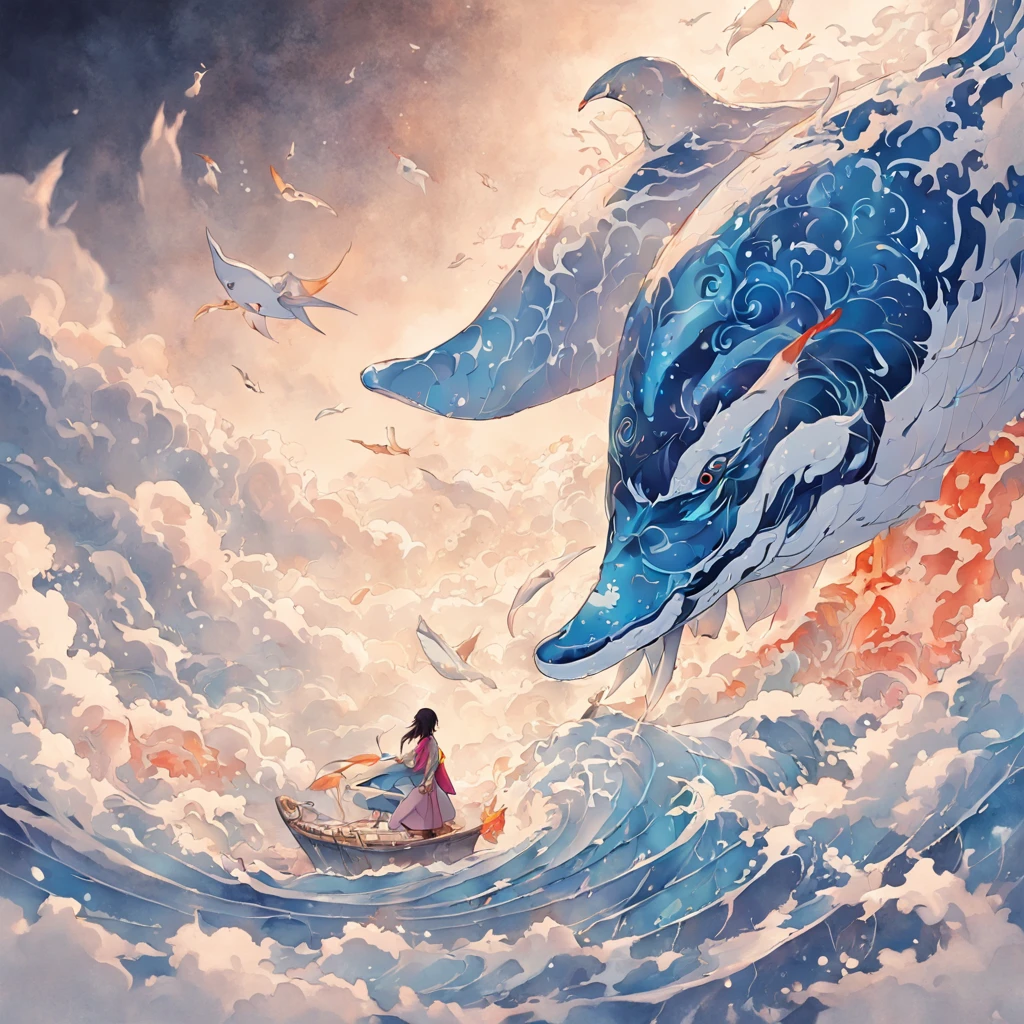 (White background:1.4),(Silhouette of a whale, eyes blue, Colorful skin, Oriental elements),(Chinese illustration:1.3,paper art:1.3, Quilted paper art:1.2),( reasonable design, Clear lines, High sharpness,Best quality, Very detailed, Masterpiece, movie light effect, 4K )