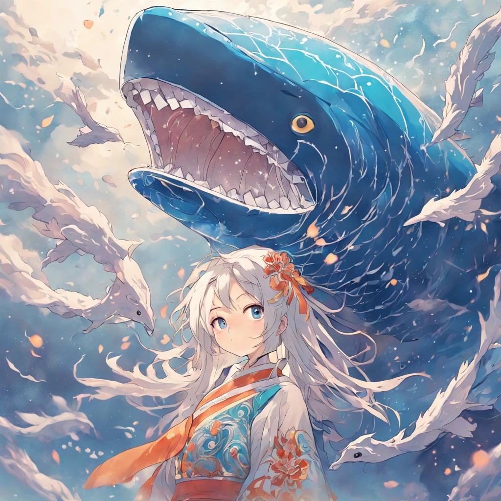 (White background:1.4),(Silhouette of a whale, eyes blue, Colorful skin, Oriental elements),(Chinese illustration:1.3,paper art:1.3, Quilted paper art:1.2),( reasonable design, Clear lines, High sharpness,Best quality, Very detailed, Masterpiece, movie light effect, 4K )