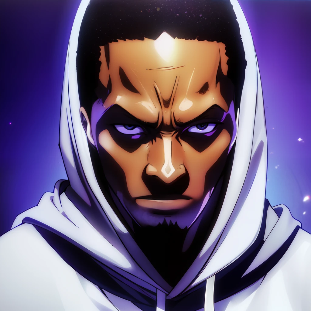 there is an African man in a hoodie looking up at the camera, low quality footage, low quality video, very very low quality picture, selfie, profile picture, looking defiantly at the camera, looking away from camera, showing forehead, hood and shadows covering face, 80's anime style