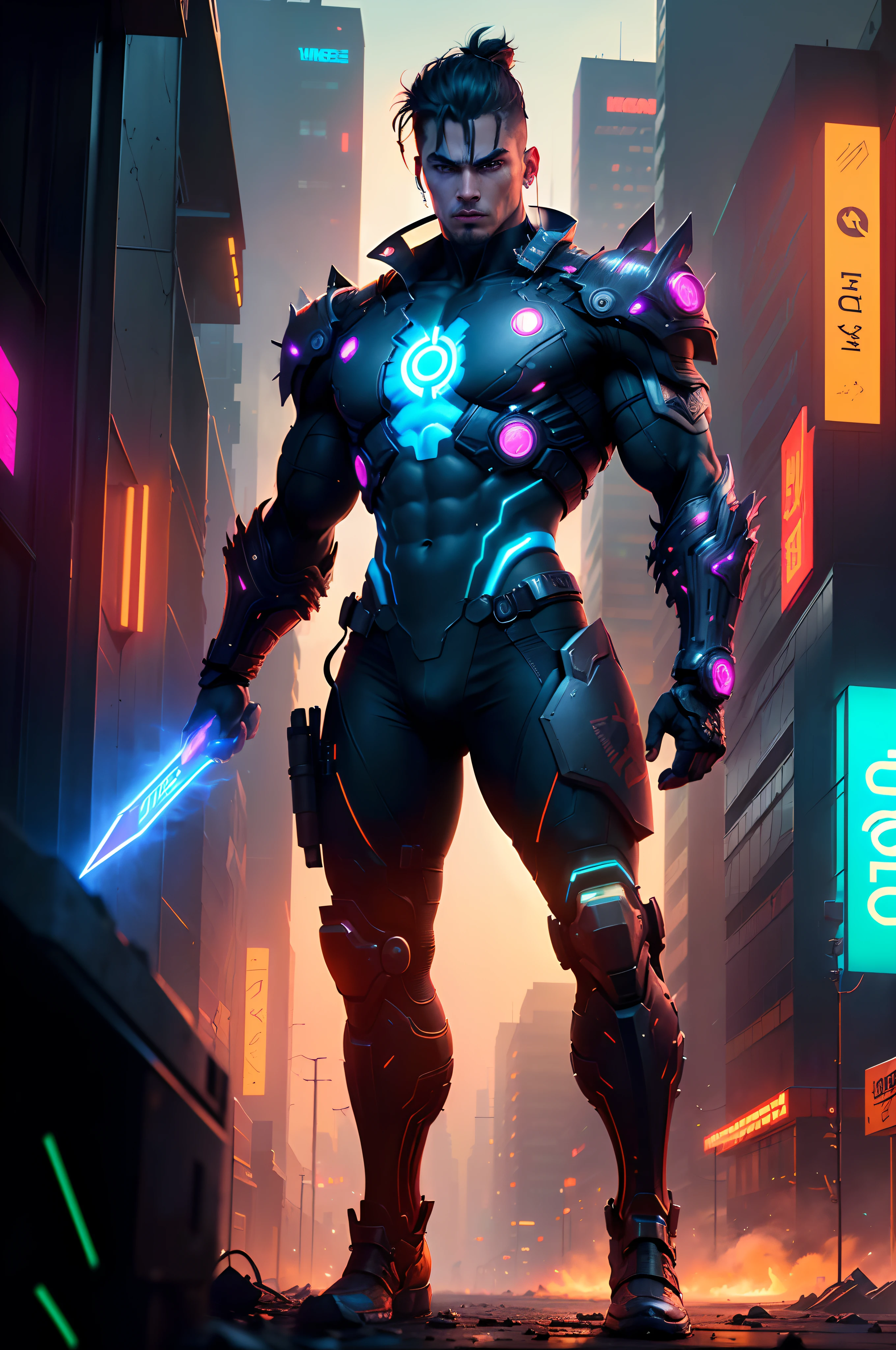 The Warrior's Resolve. Generate an image featuring a cyberpunk-inspired, strong male warrior standing tall in a neon-lit cityscape. He embodies honor and integrity, ready to fight for truth. The image should capture his determination while fitting a 9:16 aspect ratio