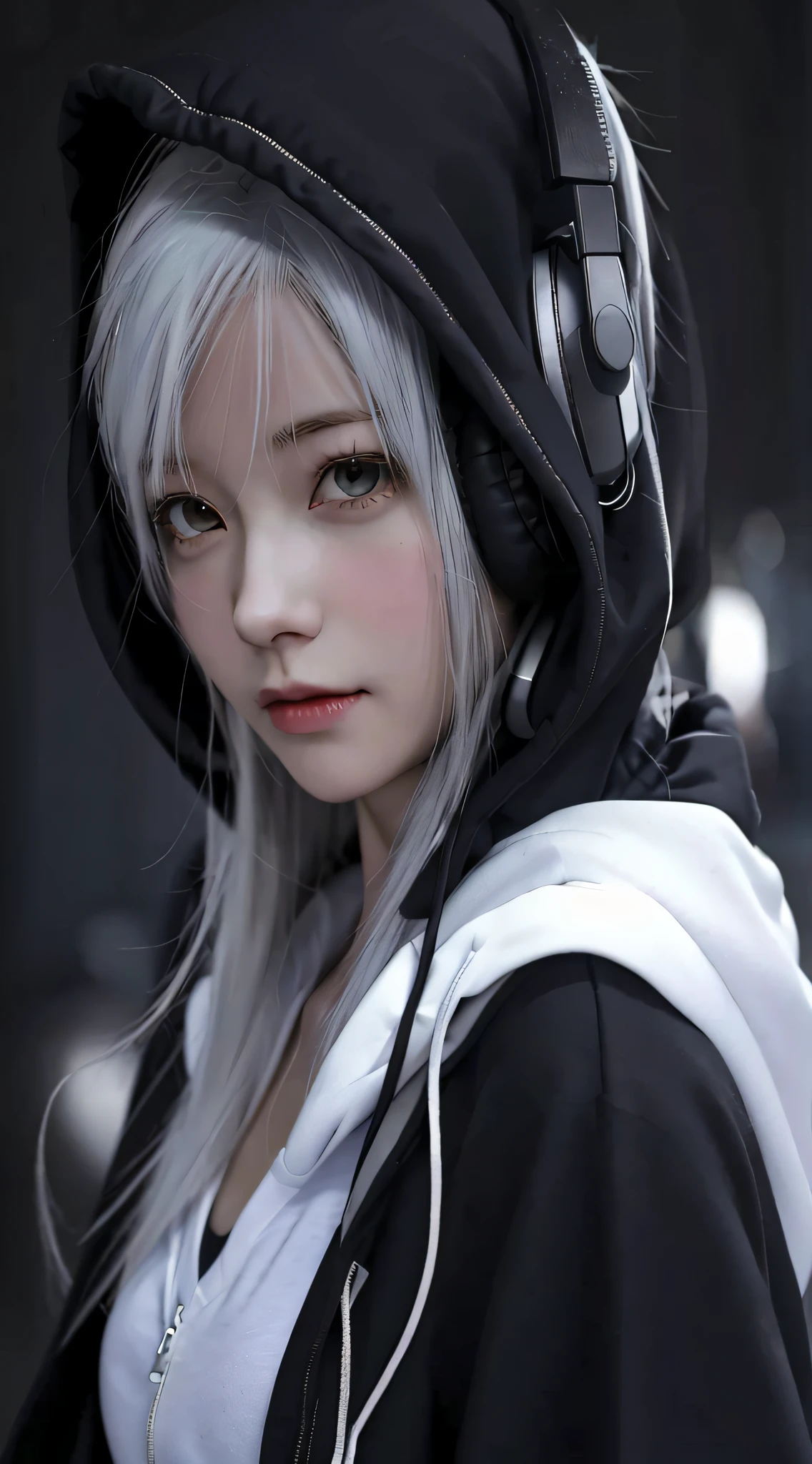 Anime girl posing for photo with headphones and hoodie, Tifa Lockhart with white hair, Smooth anime CG art, Perfect white haired girl, 3d anime girl, epic 3 d abstract emo girl, anime styled 3d, Anime style. 8K, Beautiful digital artwork, 3 d anime realistic, hd anime wallaper, style of anime4 K, Digital anime art