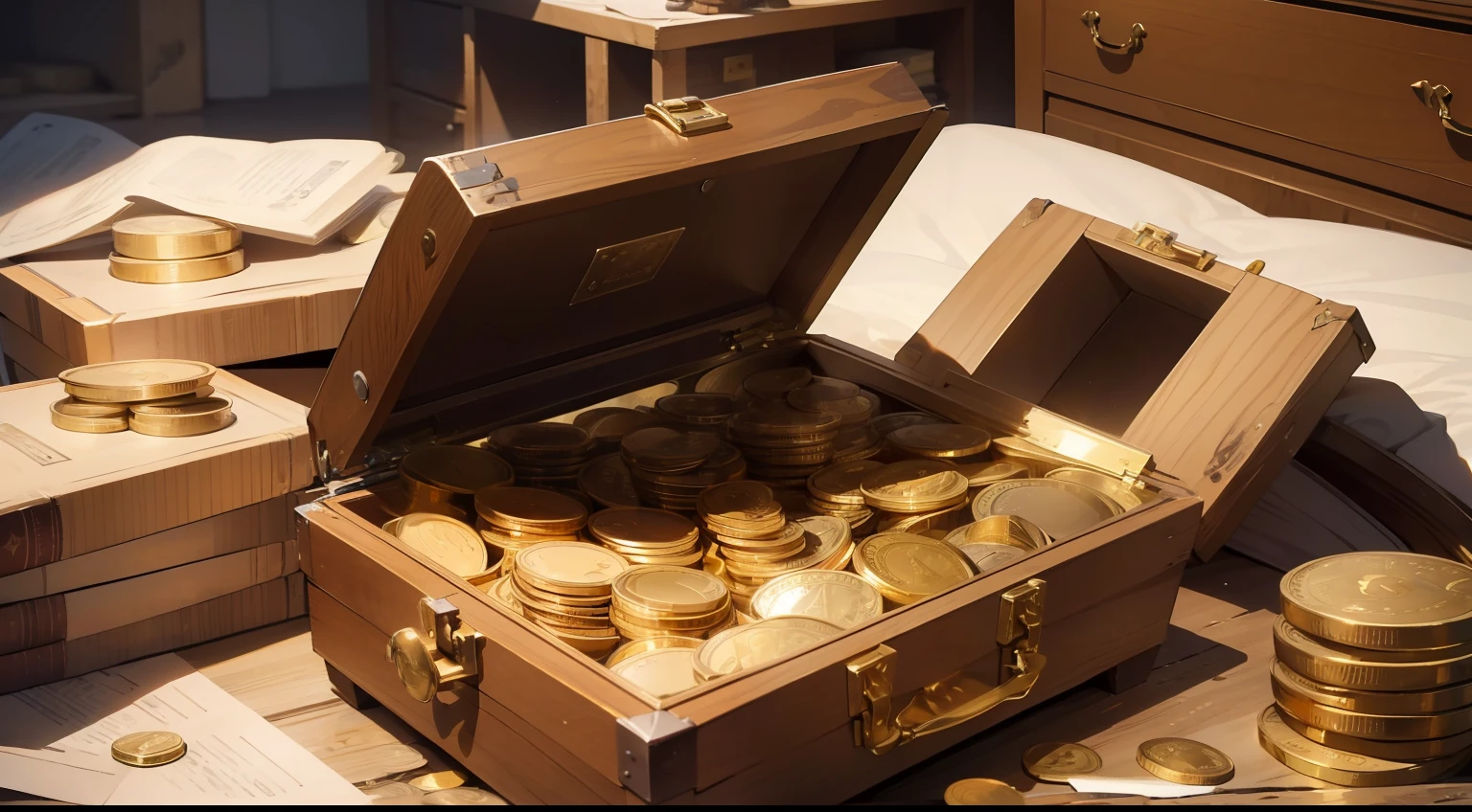 (masterpiece, top quality, award winning, 8k resolution) , gold coins, coins, still photography, treasure trove, treasure chest