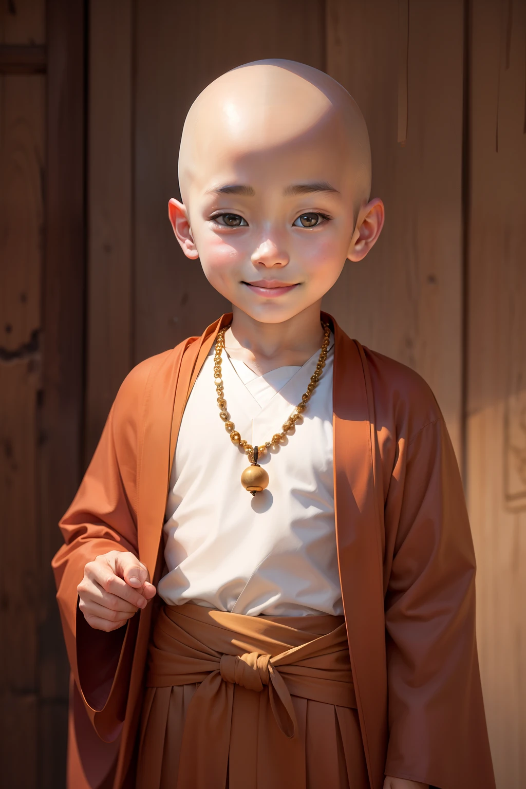 Close-up of a bald child in a robe, Cute little bald monk, monk clothes, ancient japanese monk, high quality portrait, buddhist monk, portrait of monk, Buddhist, monk, wearing brown robes, Portrait shooting, cute portrait, 2 1 st century monk, dressed in simple robes, Cute boy, Innocent smile, Standing smiling and wearing flowing robes,On his chest hangs a necklace of Bodhi Buddha beads