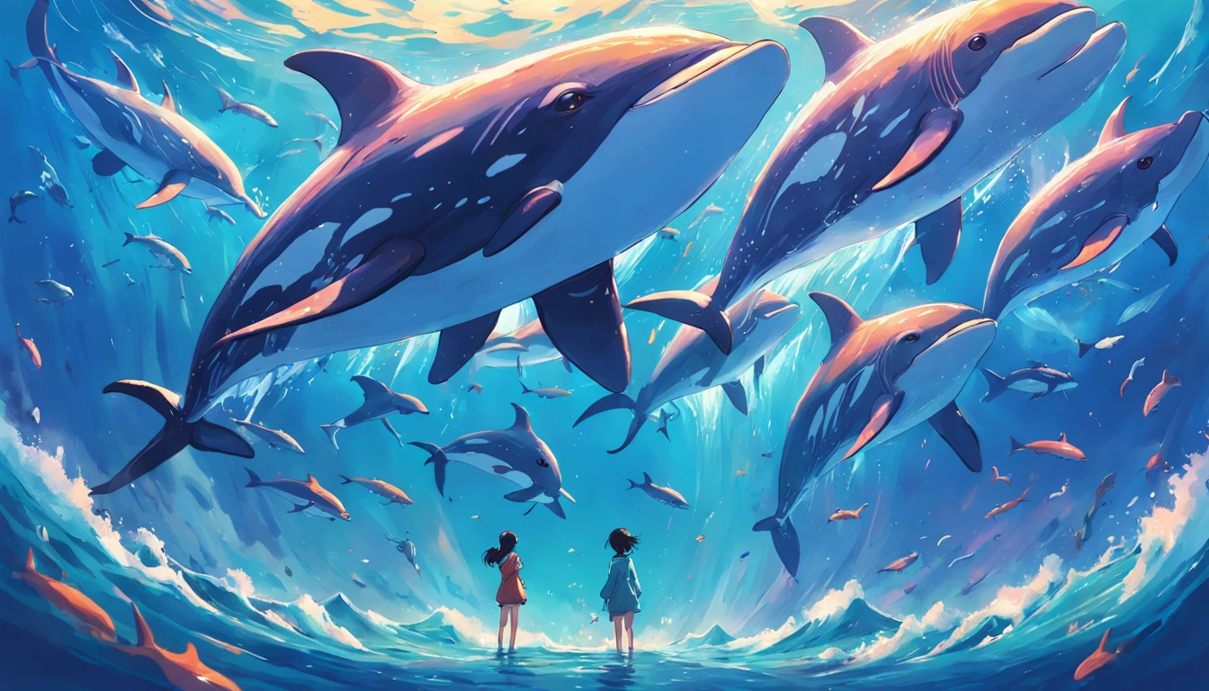 Painting of a pod of dolphins swimming in colorful ocean, Look up at the composition，sky whales, Inspired by Cyril Rolando, dreamy psychedelic anime, colorful anime movie background, A beautiful artwork illustration, author：Shitao, colorful concept art, Makoto Shinkai Cyril Rolando, In the style of Cyril Rolando, flying whale, Highly detailed watercolor 8K, highly detailed water colour 8 k，octane，Fine，Realistic，8K，Estilo de Makoto Shinkai( reasonable design, Clear lines, High sharpness,Best quality, Very detailed, Masterpiece, movie light effect, 4K )