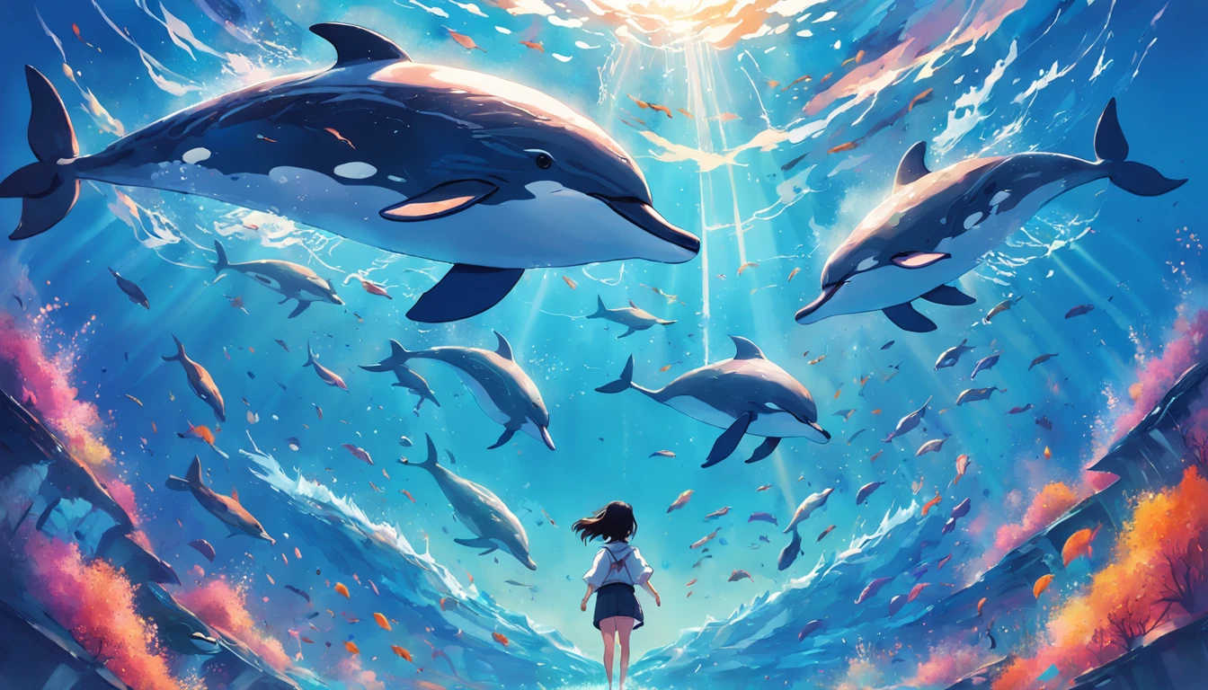 Drawing of dolphins swimming in colorful sea, Look up at the composition，sky whales, inspired by Cyril Rolando, dreamy psychedelic anime, colorful anime movie background, a beautiful artwork illustration, Authors：Sitao, colorful concept art, Makoto Shinkai Siriro Roland, in style of cyril rolando, flying whales, highly detailed water colour 8k, highly detailed watercolor 8 K，octans，sona，Realistic，8K，Shinkai Makoto style( Reasonable design, ligne claire, High sharpness,Best Quality, Very detailed, Master Parts, Movie Light Effects, 4K )