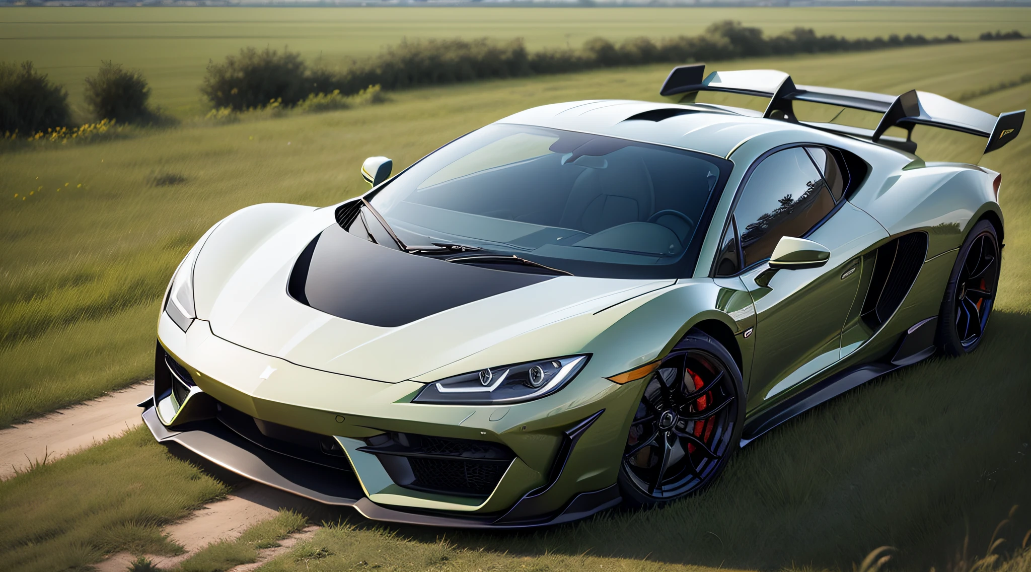A handsome supercar is parked on the endless grassland