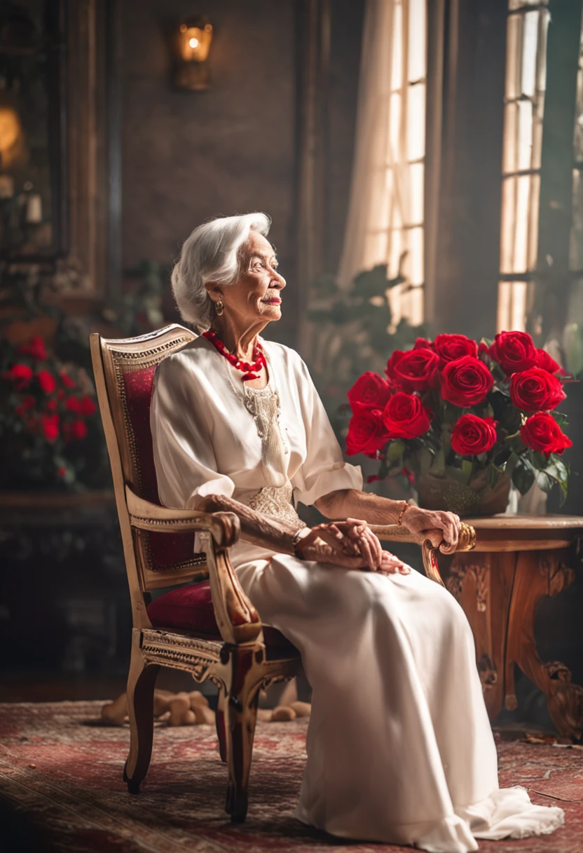 A beautiful 68-year-old woman living in a luxury home. Lao-colored hair Dressed in a white dress, sitting on a fancy chair holding a bouquet of red roses in his hand.