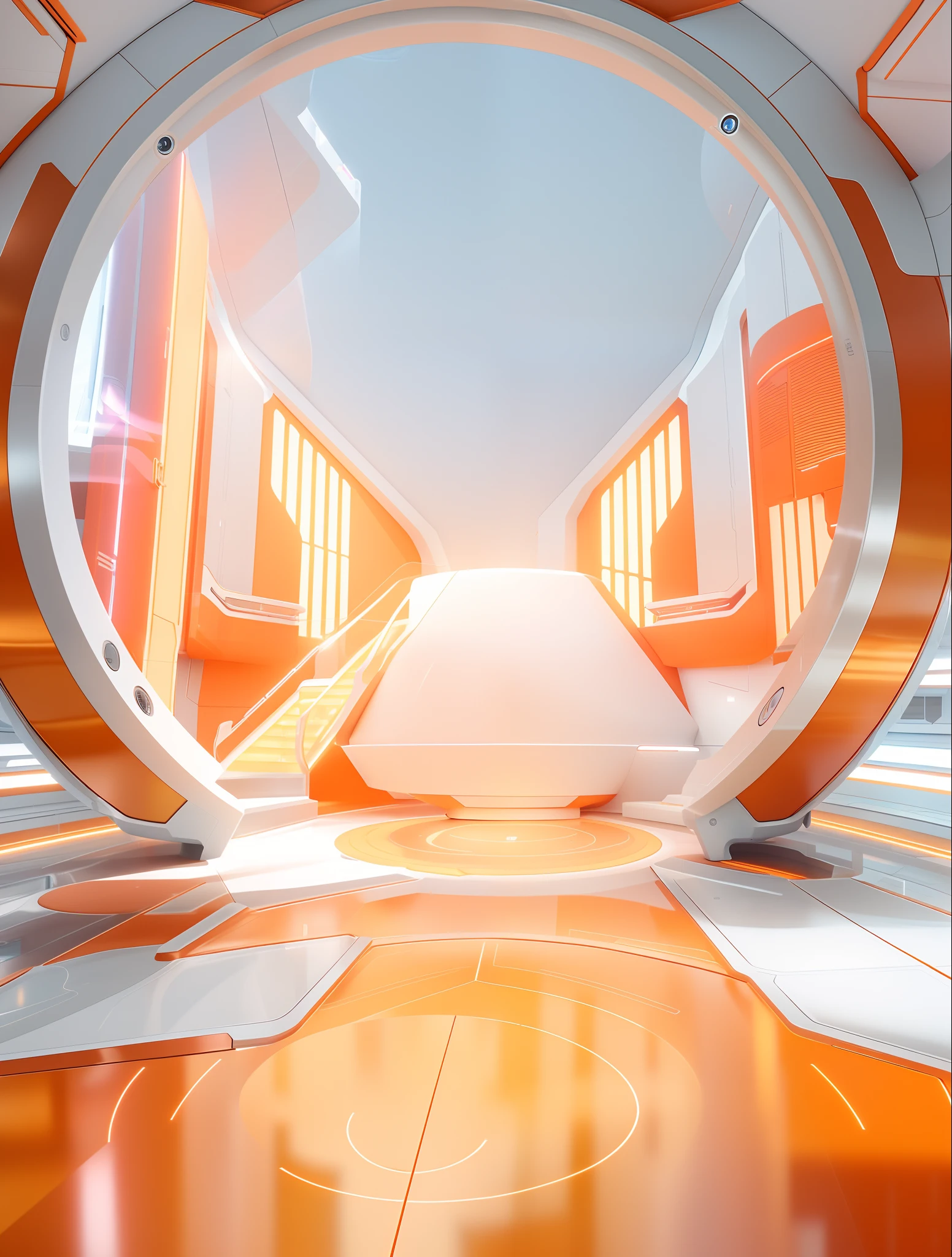 There is a futuristic hatch,There are clouds outside the door,Orange colors, futuristic interior, futuristic space ship interrior, Futuristic setting, futuristic hall, futuristic space station, deck, futuristic environment, Alien ship deck,.。.3D,Ultra high quality