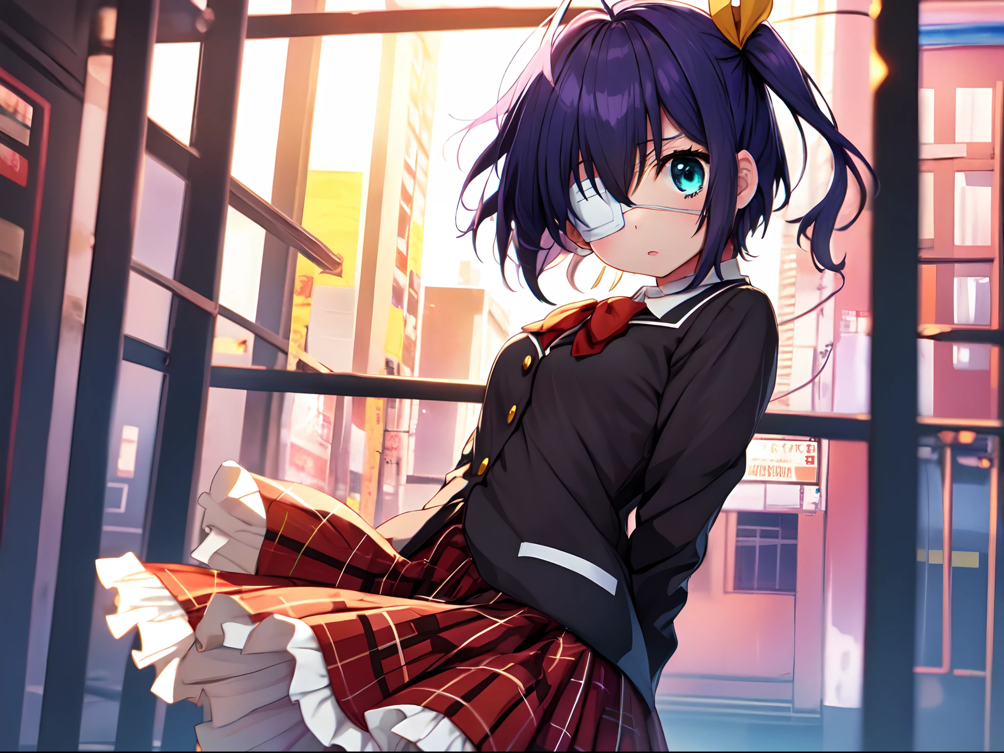 (masterpiece, best quality:1.2), cowboy shot, solo, 1girl, takanashi rikka, expressionless, looking at viewer, arms behind back, one side up, ahoge, blue eyes, medical eyepatch, school uniform, jacket, plaid skirt