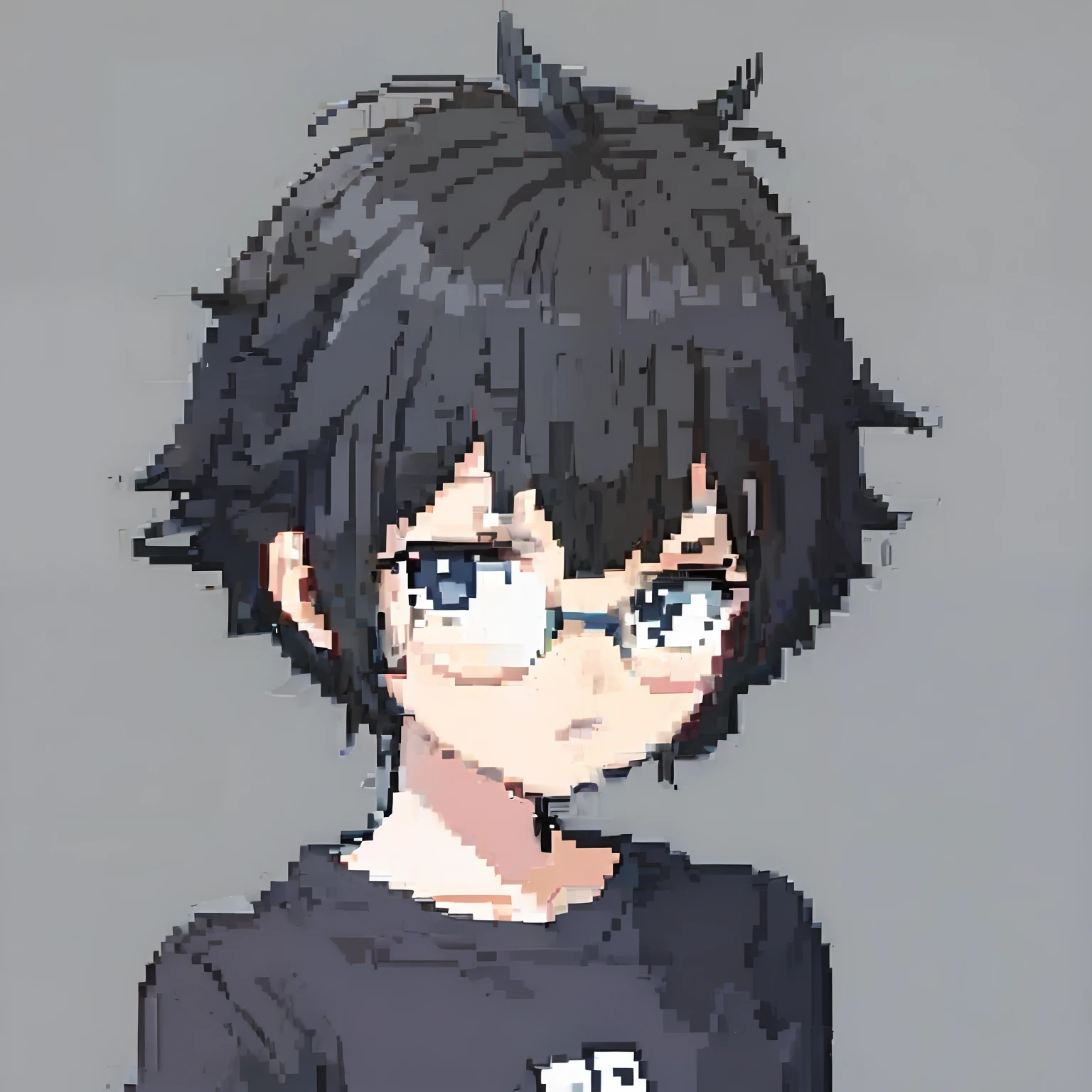 Pixel art,Clear and detailed 2D pixel portraiture,Young boy wearing glasses and black shirt black T-shirt,Hana Yada's anime-style character,Inspiration for Okumura Tohisa,Cool characters