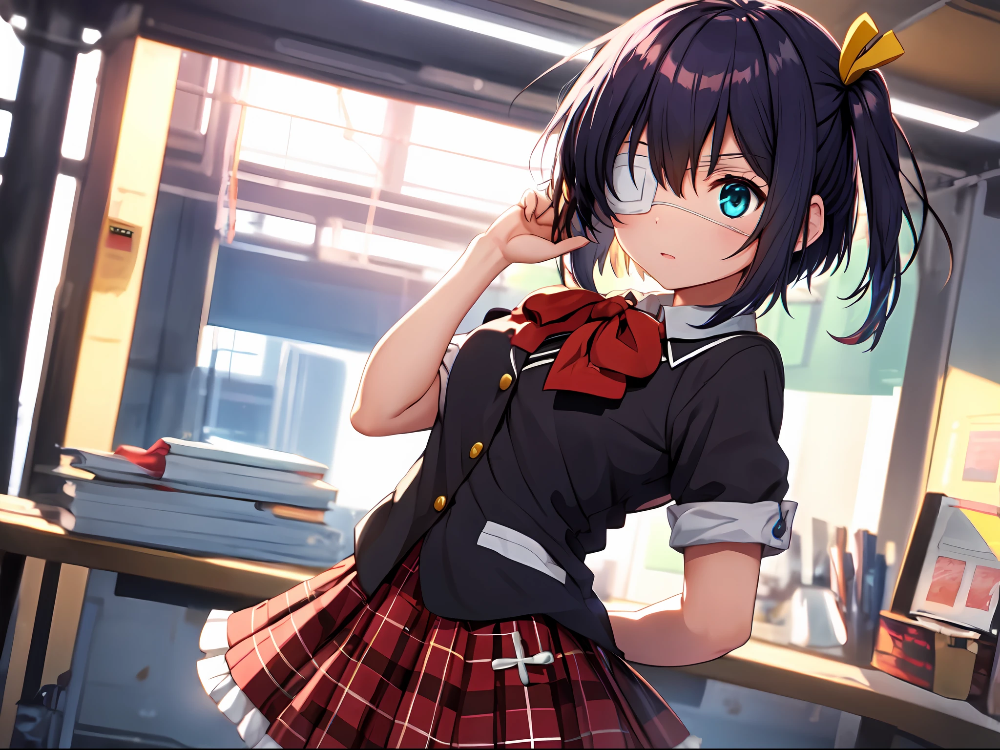 (masterpiece, best quality:1.2), cowboy shot, solo, 1girl, takanashi rikka, expressionless, looking at viewer, arms behind back, one side up, ahoge, blue eyes, medical eyepatch, school uniform, jacket, plaid skirt