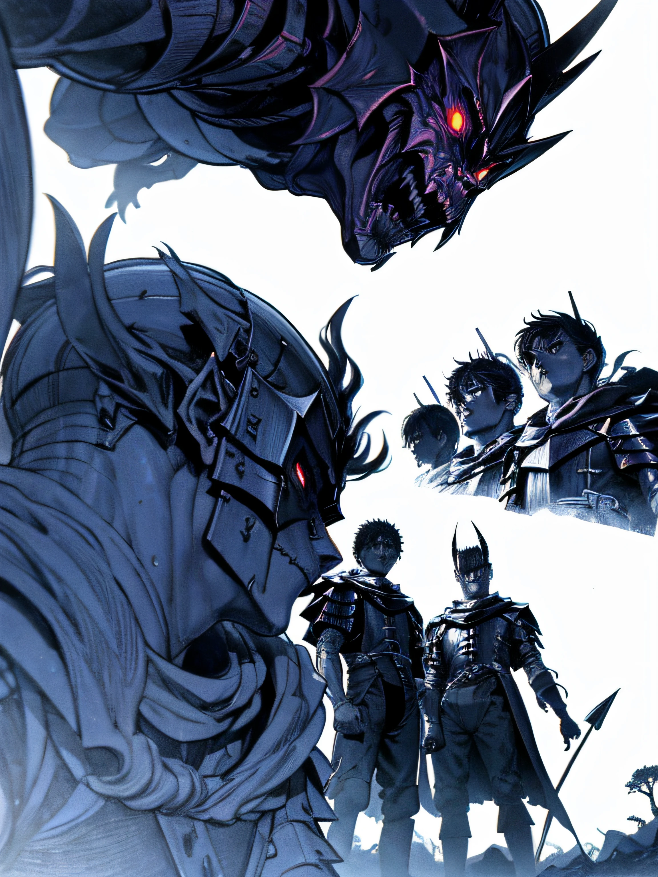 7 knights looking at a eltrich demonic entity scared for there lives, getting ready to fight in a dark forest as manga comic panel, manga drawing, manga shading, berserk art style, 4k, horror drawing