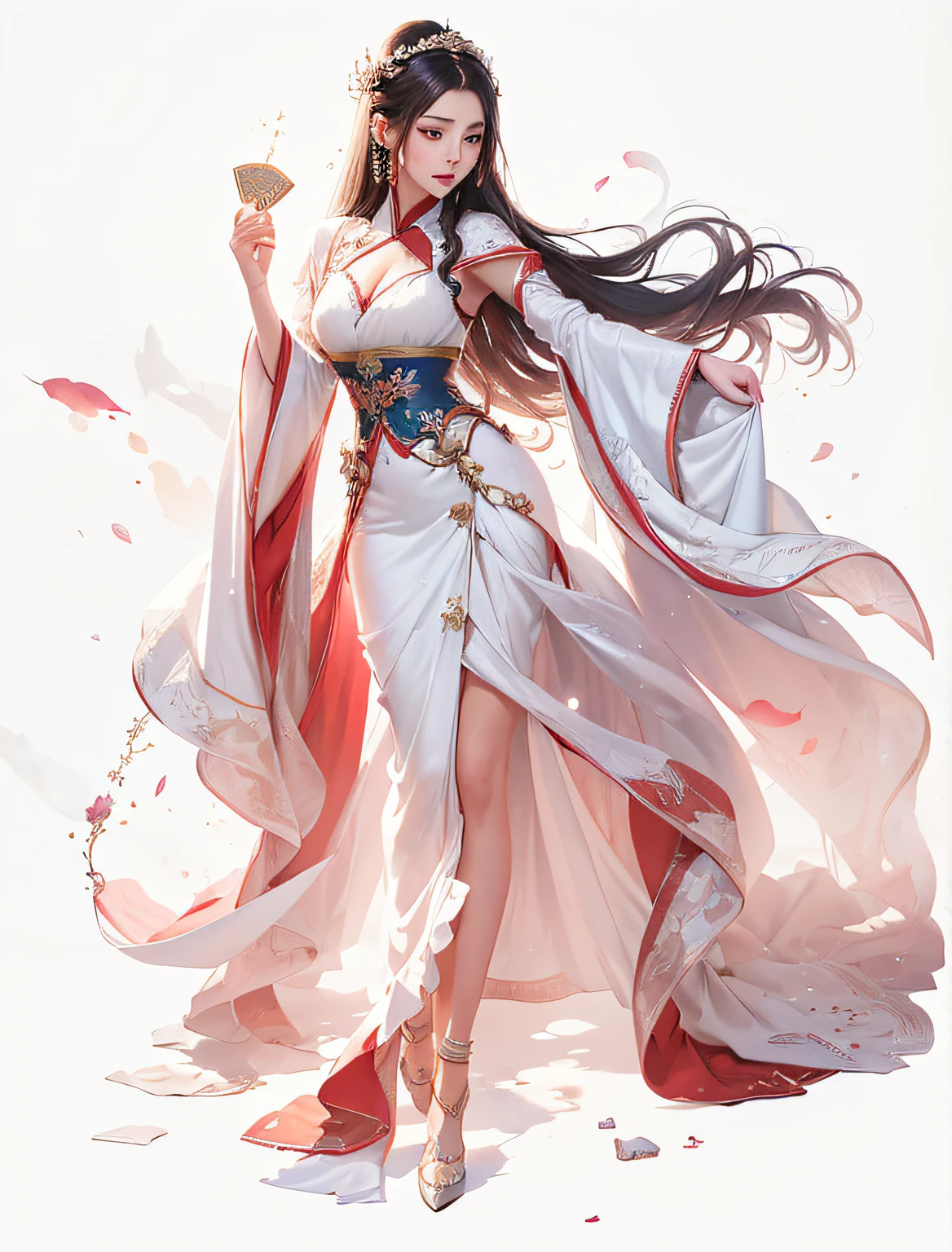 1girl in white dress holding a fan, a beautiful fantasy empress, ((a beautiful fantasy empress)), extremely detailed artgerm, beautiful character painting, style of artgerm, by Yang J, flowing magical robe, anime goddess, Tang Dynasty,Song Dynasty,(hanfu),(best quality:1.2)