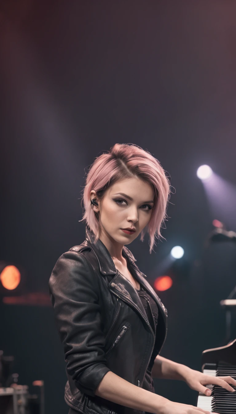 (Outstanding、Professional)、female punk rocker playing keyboards in a crowded arena live concert, short messy hair, tattoos, piercings, heavy make up, stack of synths in the background