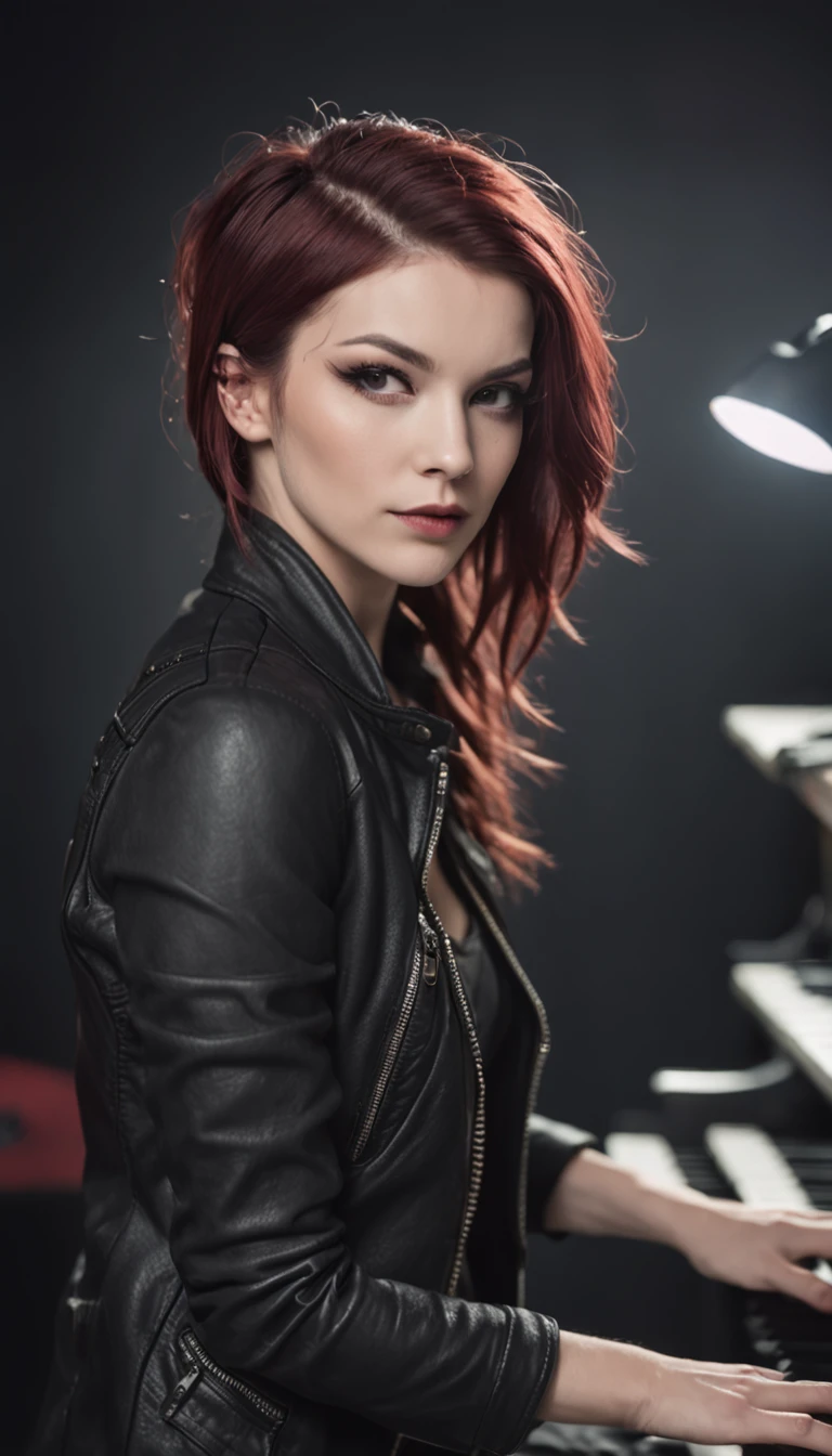 (Outstanding、Professional)、female punk rocker playing keyboards in a crowded arena live concert, short messy hair, tattoos, piercings, heavy make up, stack of synths in the background