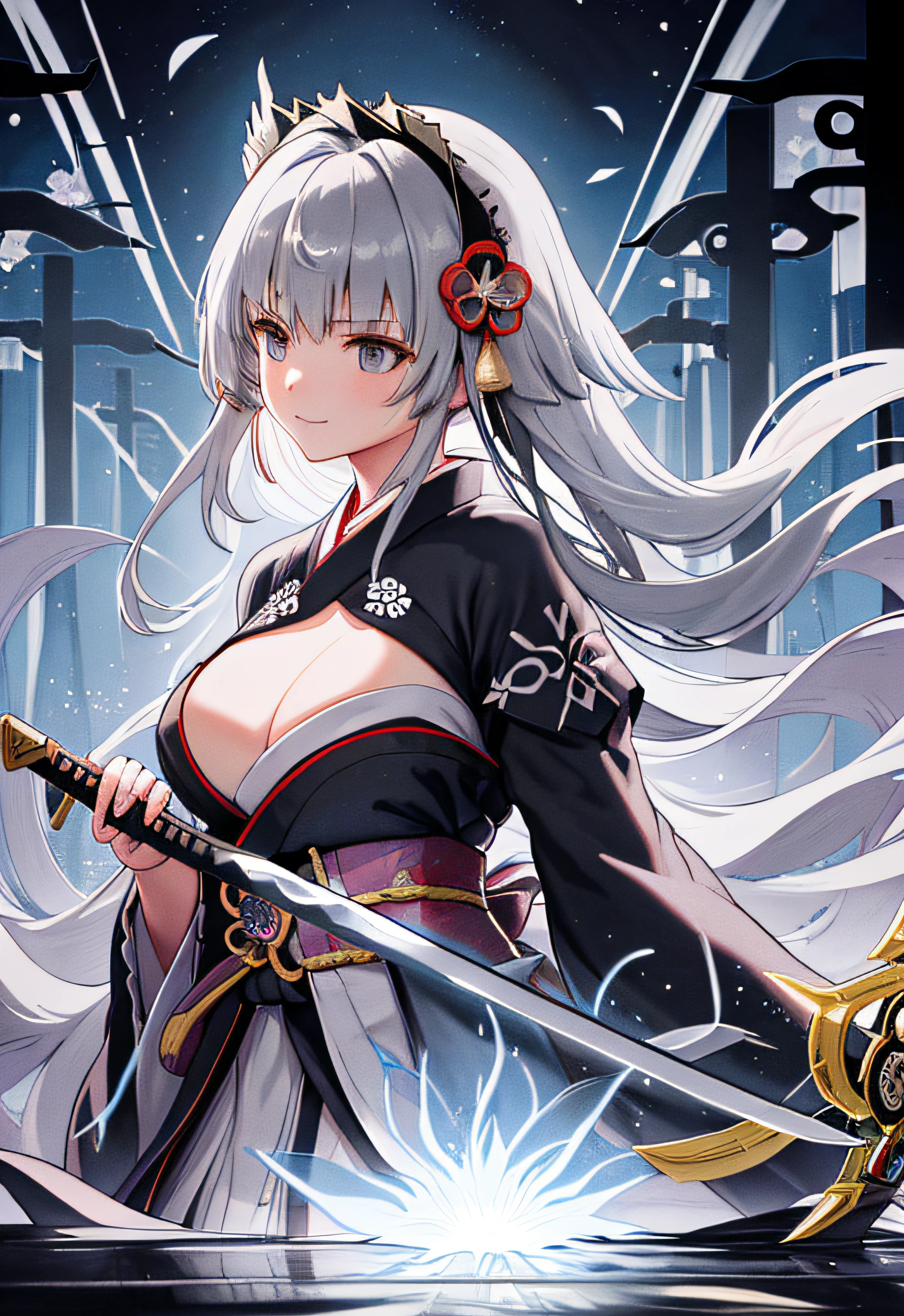 Txt2Img 20:46:45 Best illustration, one woman Long gray hair Staggered background Sister with outstanding style Floral kimono Clothesline Severed world Long sword Shining blade Reflection Dark face Ama no Murakumo sword Artifact Golden ratio Dark world Cheerful face Water surface Bamboo grove of darkness Combat God killer